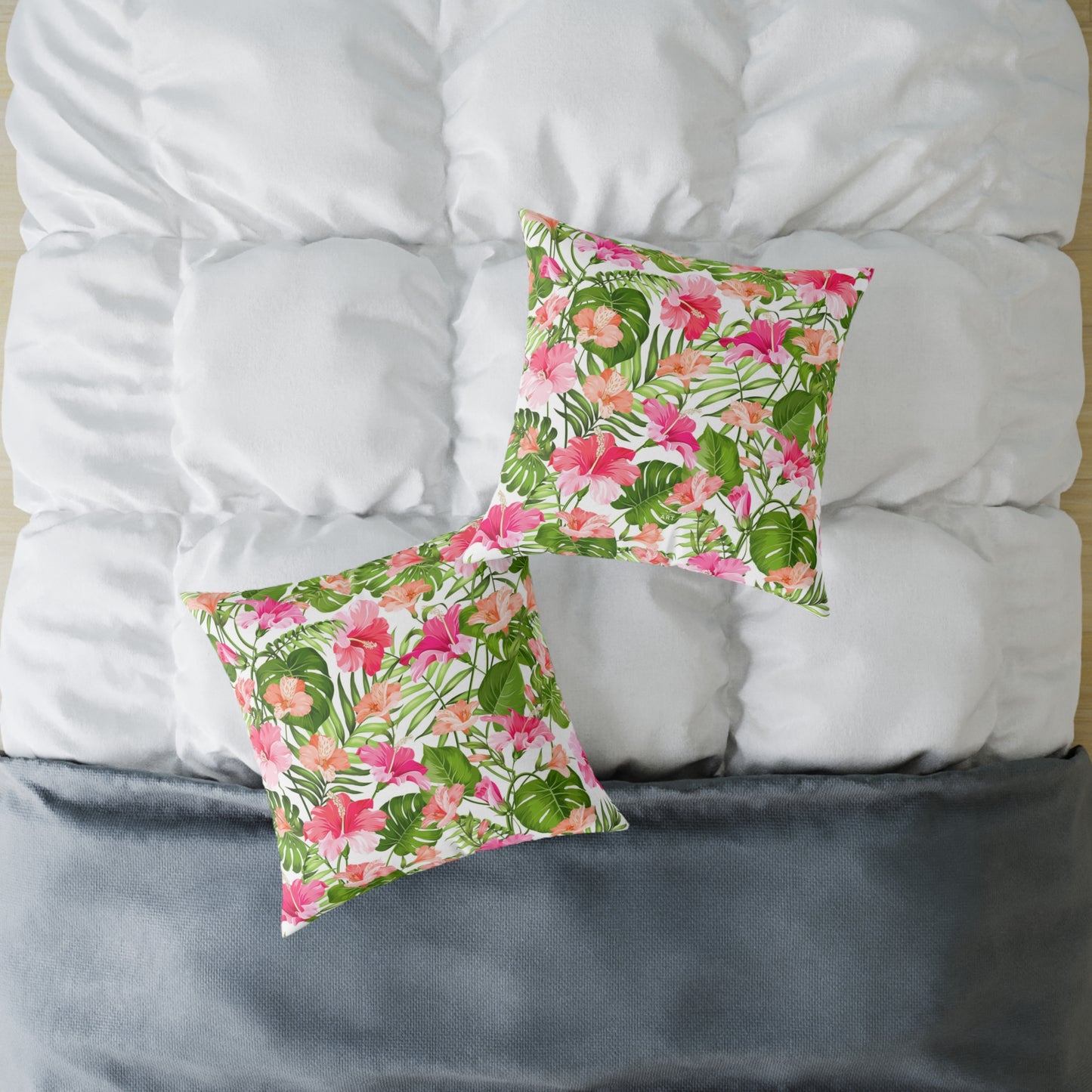 Pink Tropical Hibiscus Floral Square Pillow | Botanical Throw Cushion
