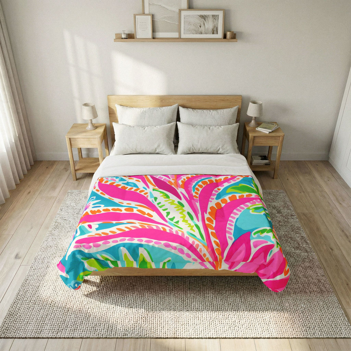 Tropical Floral Pattern Cotton Comforter | Bright Pink Blue Green Leaves