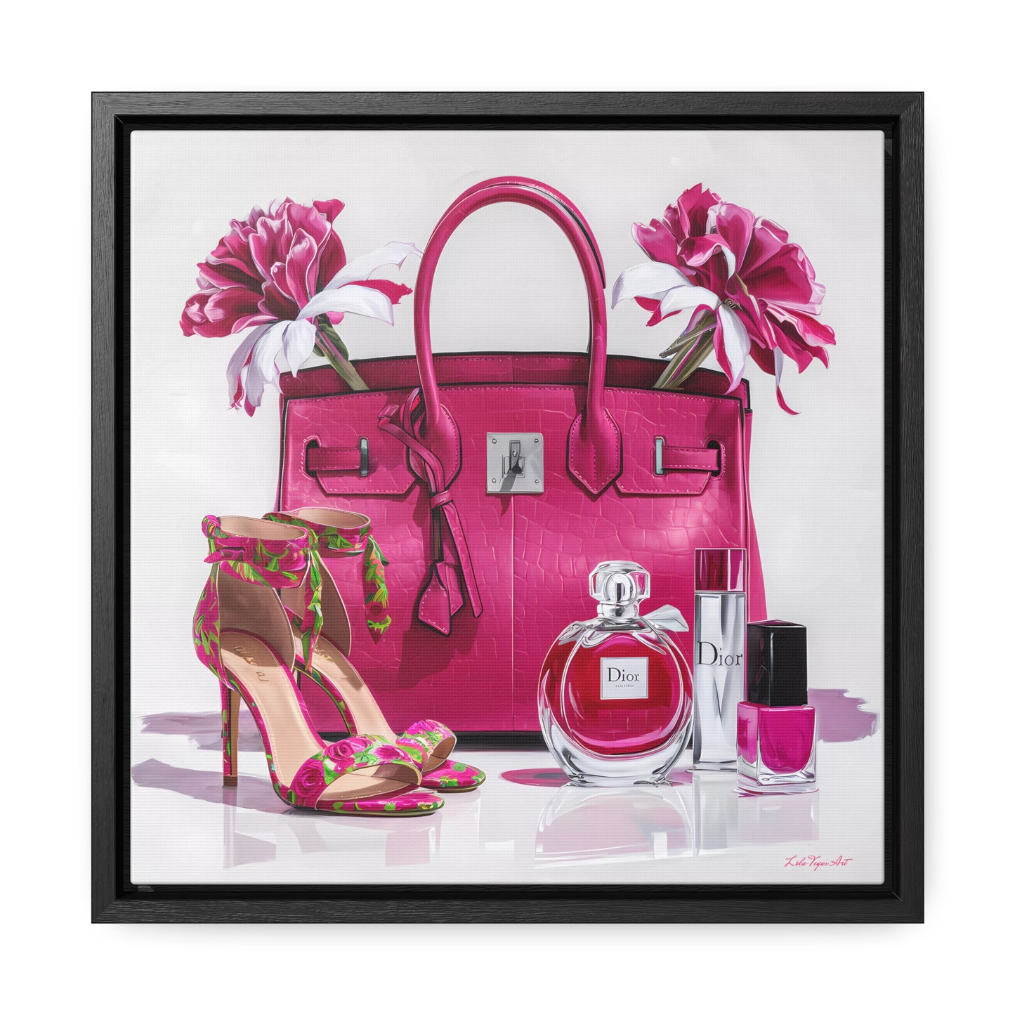 Fashion Square Canvas Wall Art, Pink Designer Handbag Heels Perfume Glam Painting, Gallery Wraps, Fashionista  Room Decor,