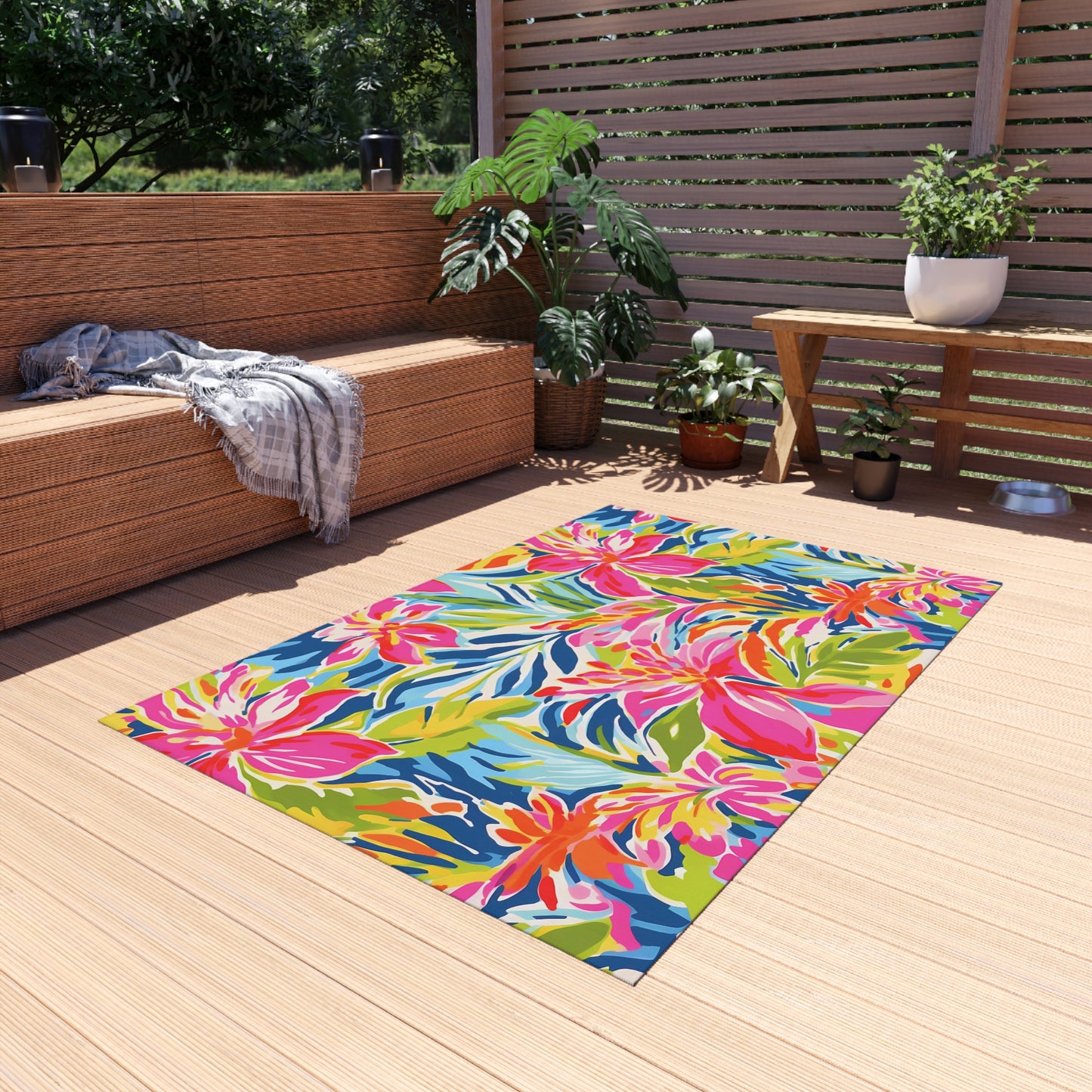 Tropical Floral Pattern Indoor/Outdoor Rug | Bright Hibiscus Beach Mat