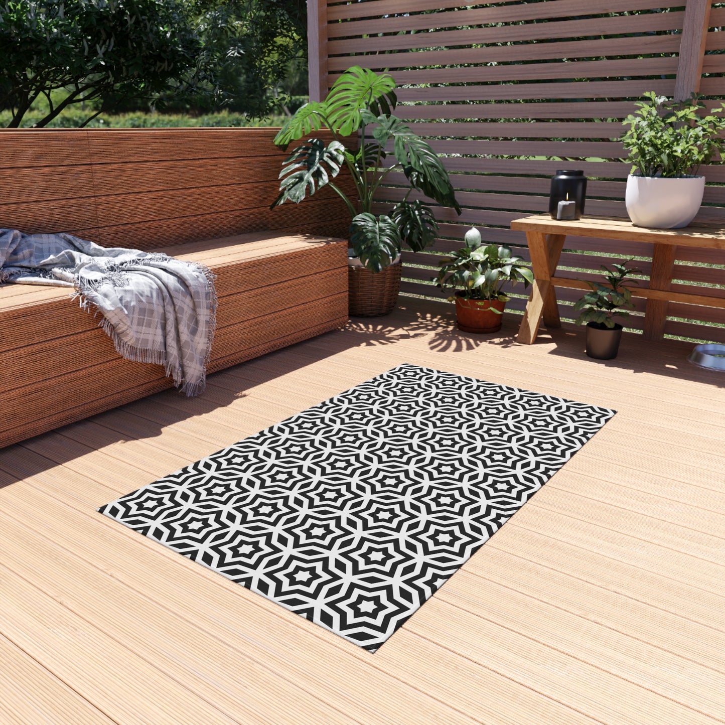Black White Moroccan Tile Pattern Outdoor/Indoor Rug | Geometric Patio Mat