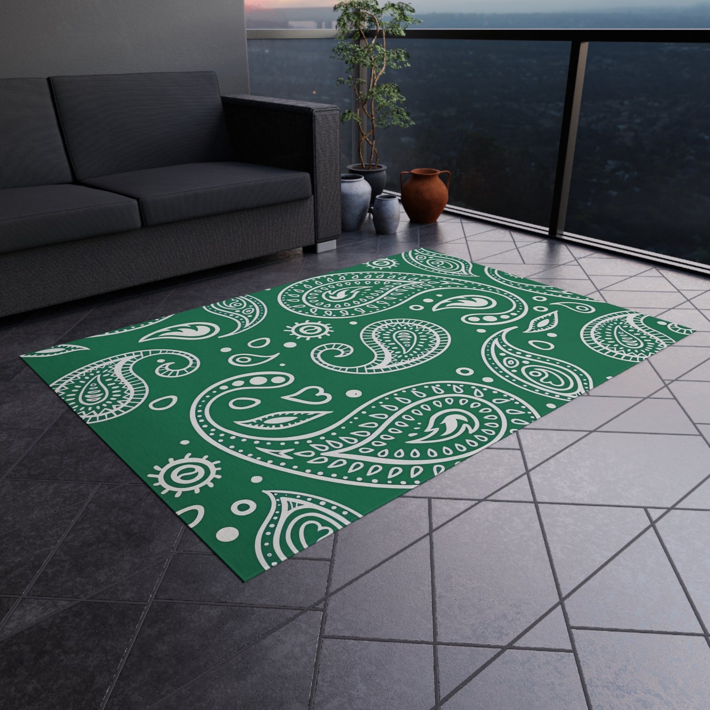 Green Paisley Pattern Outdoor/Indoor Rug | Waterproof Patio Mat