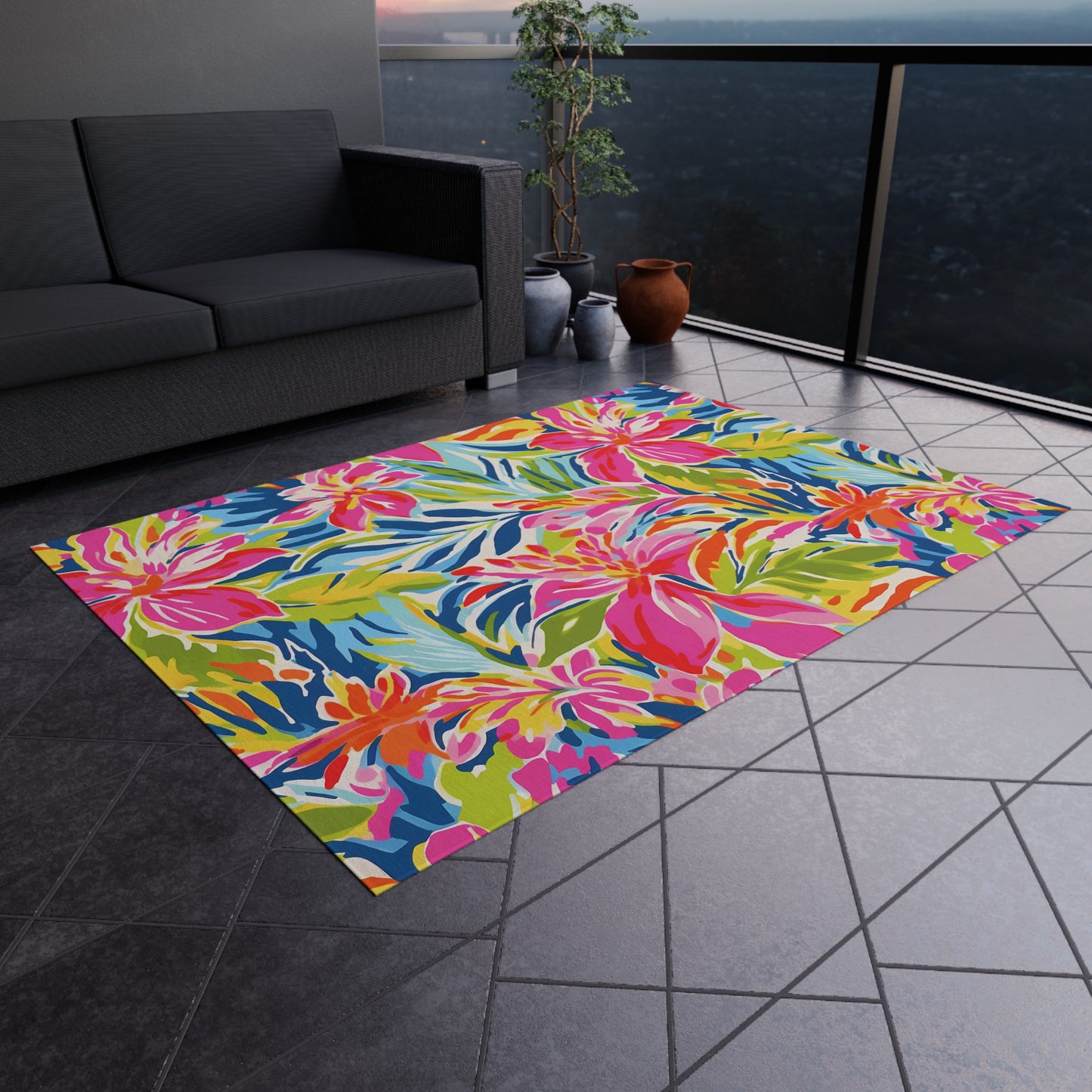 Tropical Floral Pattern Indoor/Outdoor Rug | Bright Hibiscus Beach Mat