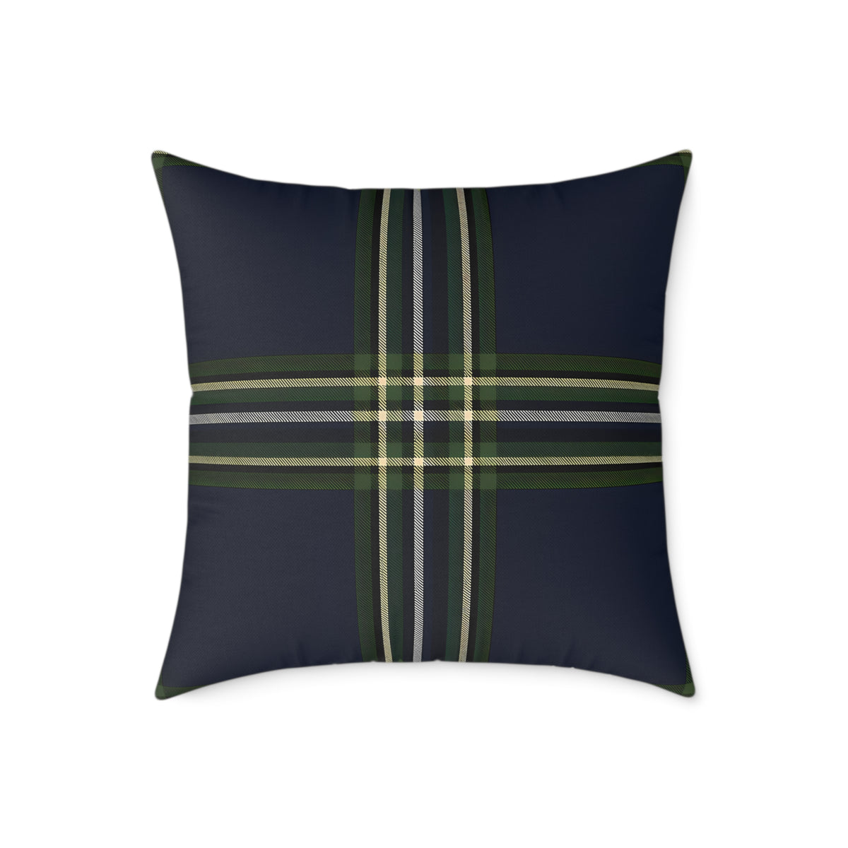 Green Navy Black Beige White Plaid Throw Pillow | Square Poly Canvas Pillow