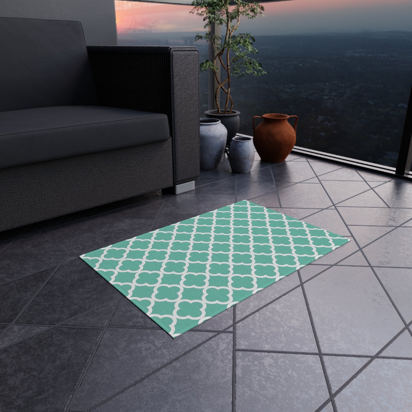 Teal Moroccan Trellis Outdoor/Indoor Rug | Geometric Patio Mat