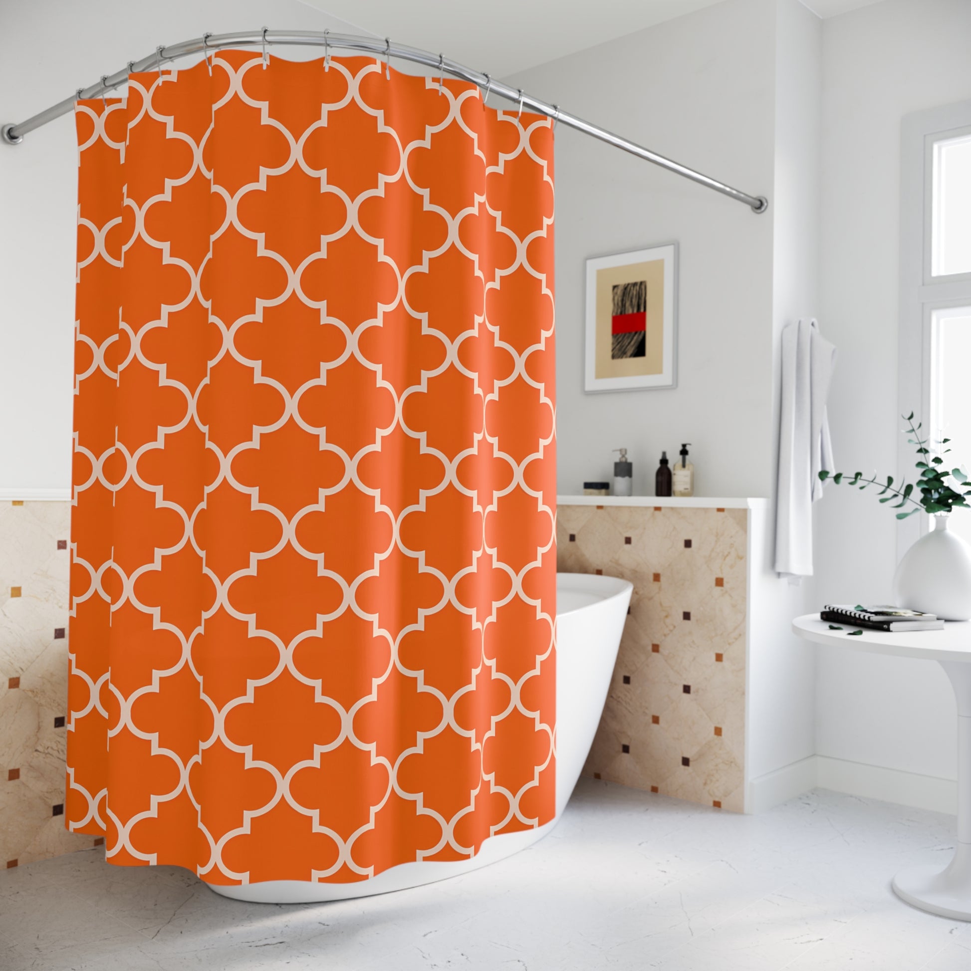 Vibrant Orange Geometric Shower Curtain, Bright Bathroom Decor, Modern Home Accessory, Gift for Homeowner, Ethnic Vibe, Moroccan Quatrefoil - LOLA VEGAS ART