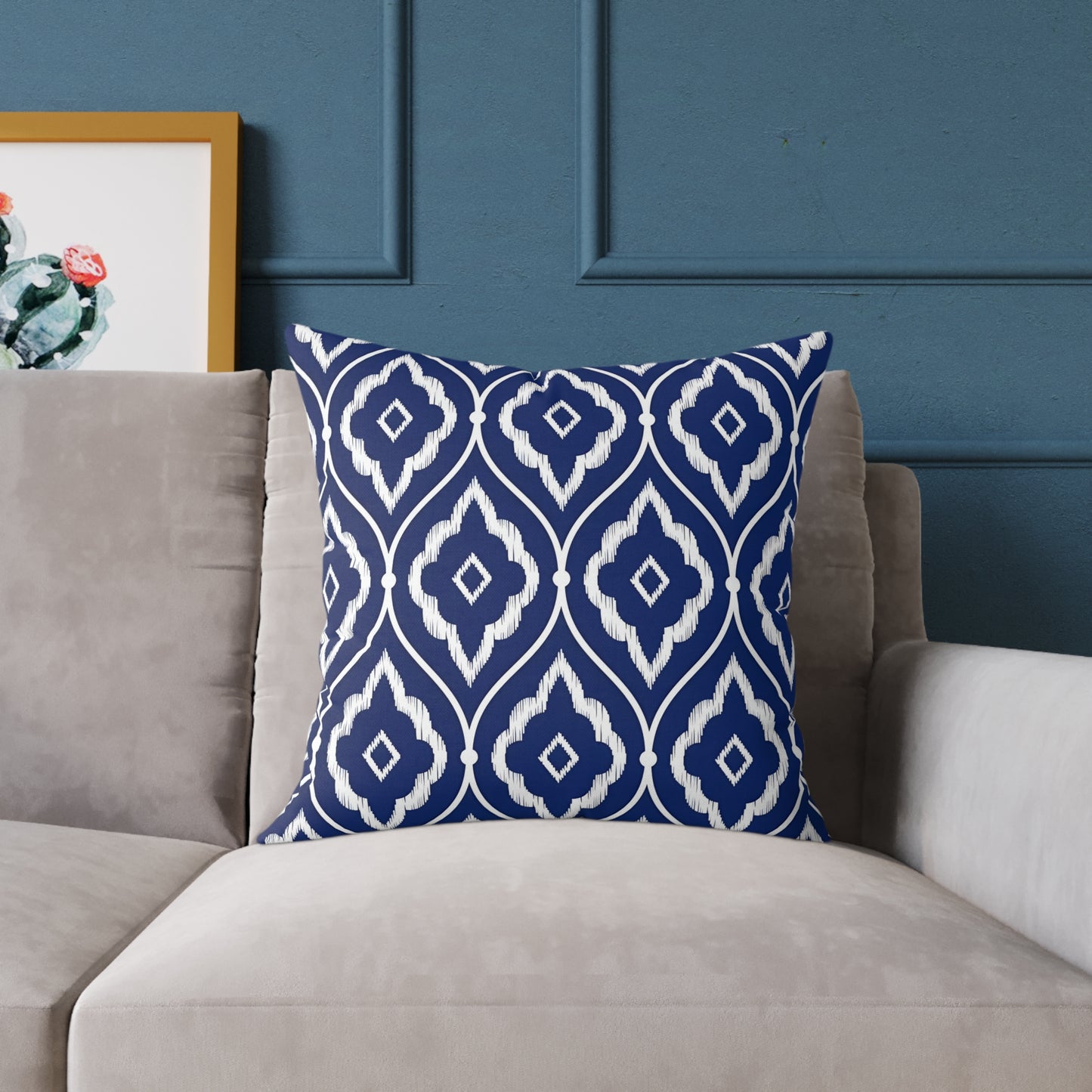 Navy and White Ikat Geometric Pattern Square Pillow | Coastal Home Decor