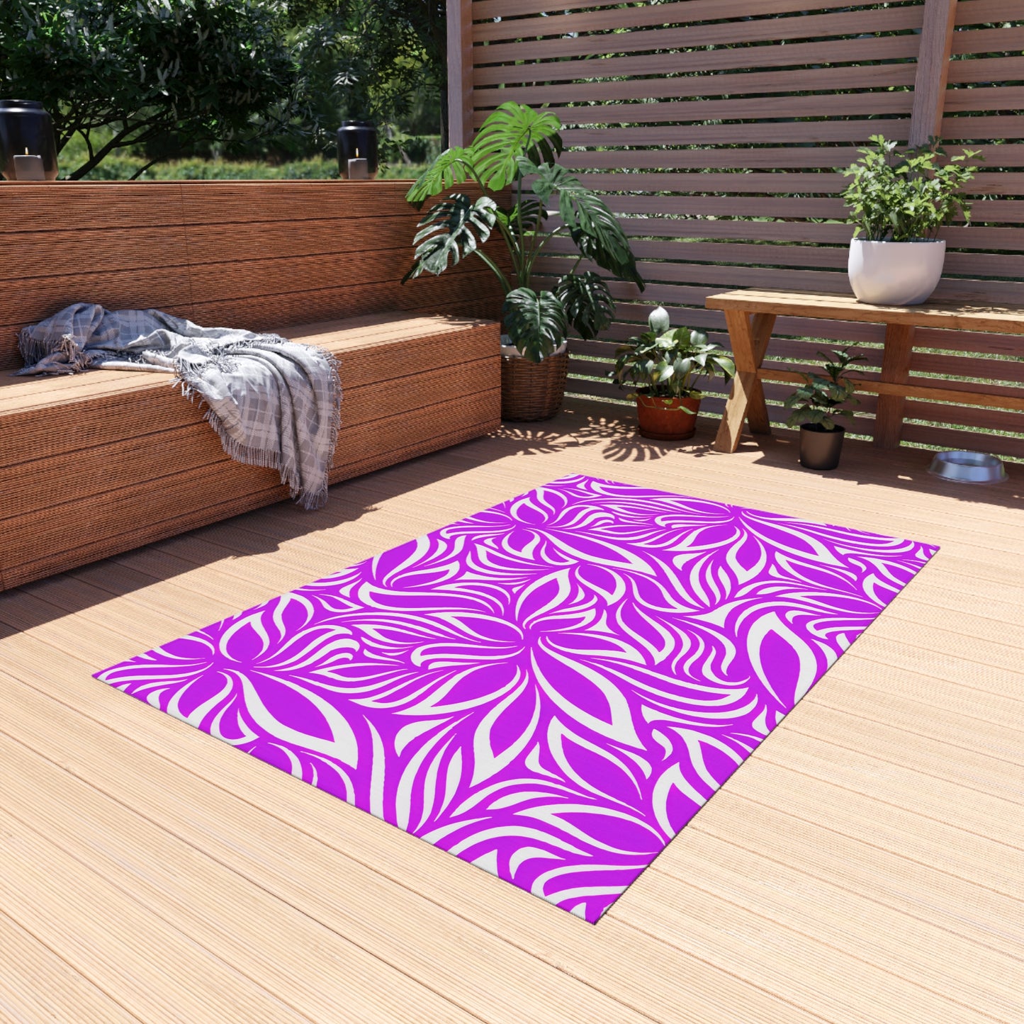 Magenta White Floral Pattern Outdoor/Indoor Rug | Tropical Leaf Medallion Patio Mat