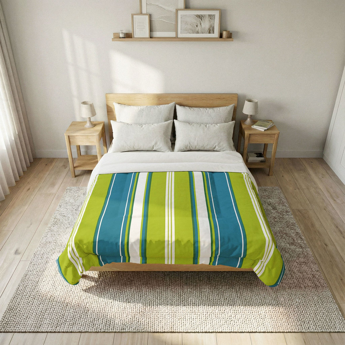Blue Green Stripe Comforter | Cotton Comforter, Reversible Bedspread