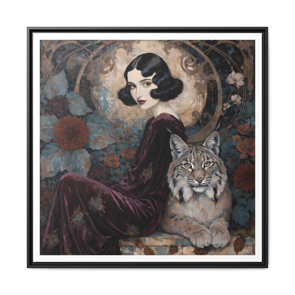 Vintage Flapper Woman with Lynx Matte Canvas Framed