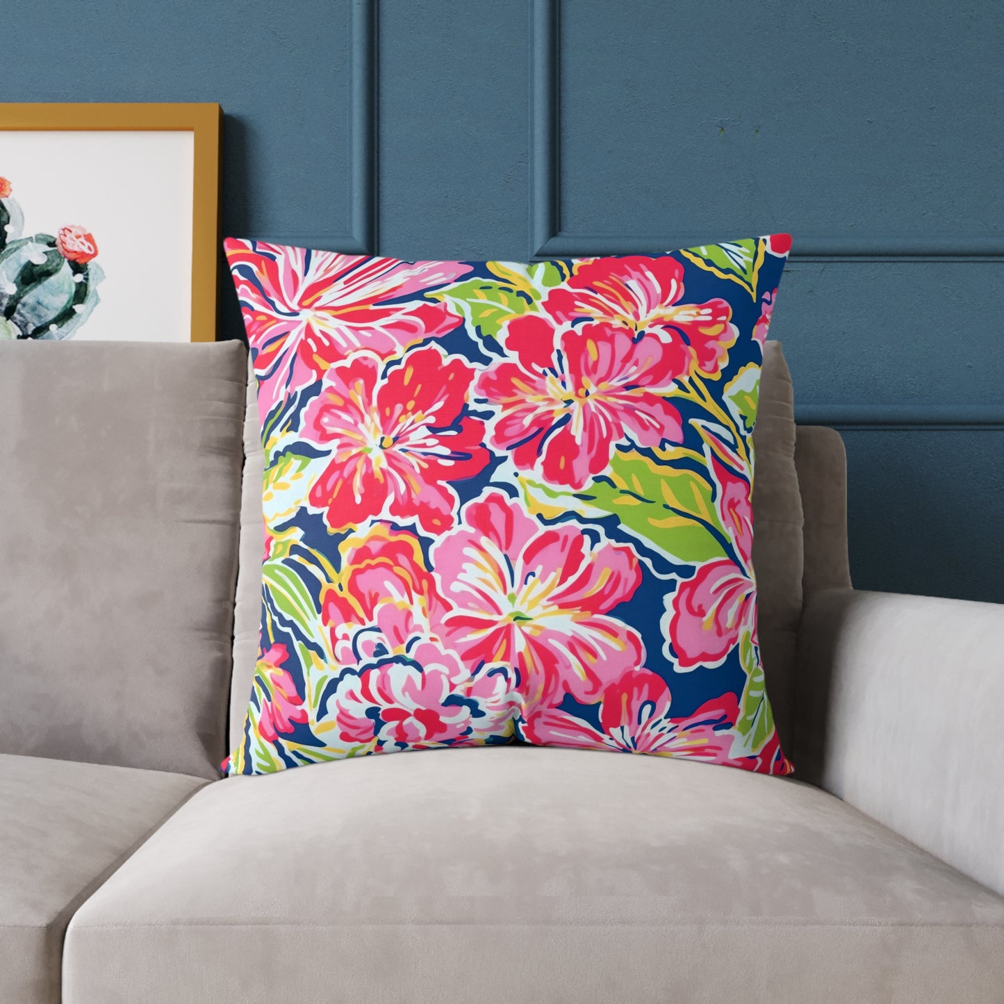 Pink Red Green Blue Tropical Hibiscus Floral Pillow | Square Poly Canvas Pillow