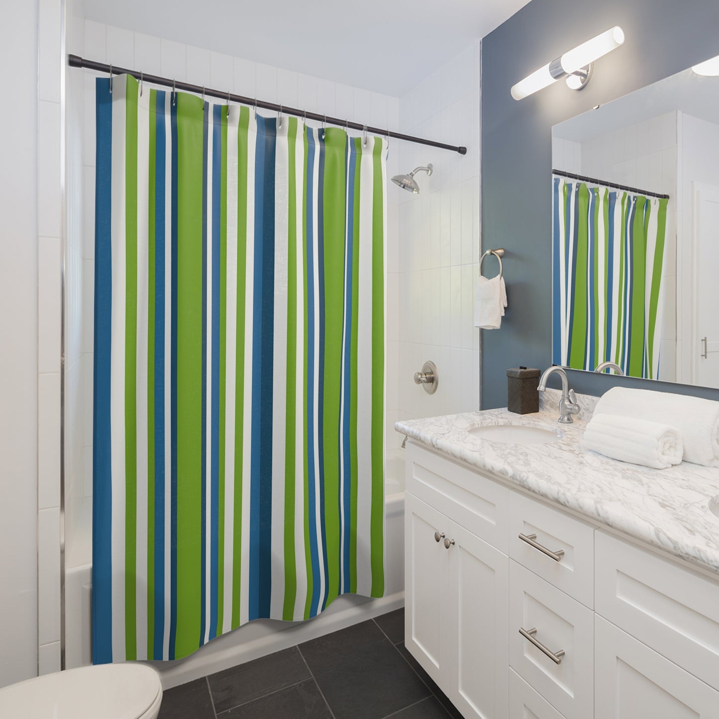 Blue Green Vertical Stripes Shower Curtain | Nautical Modern Bathroom