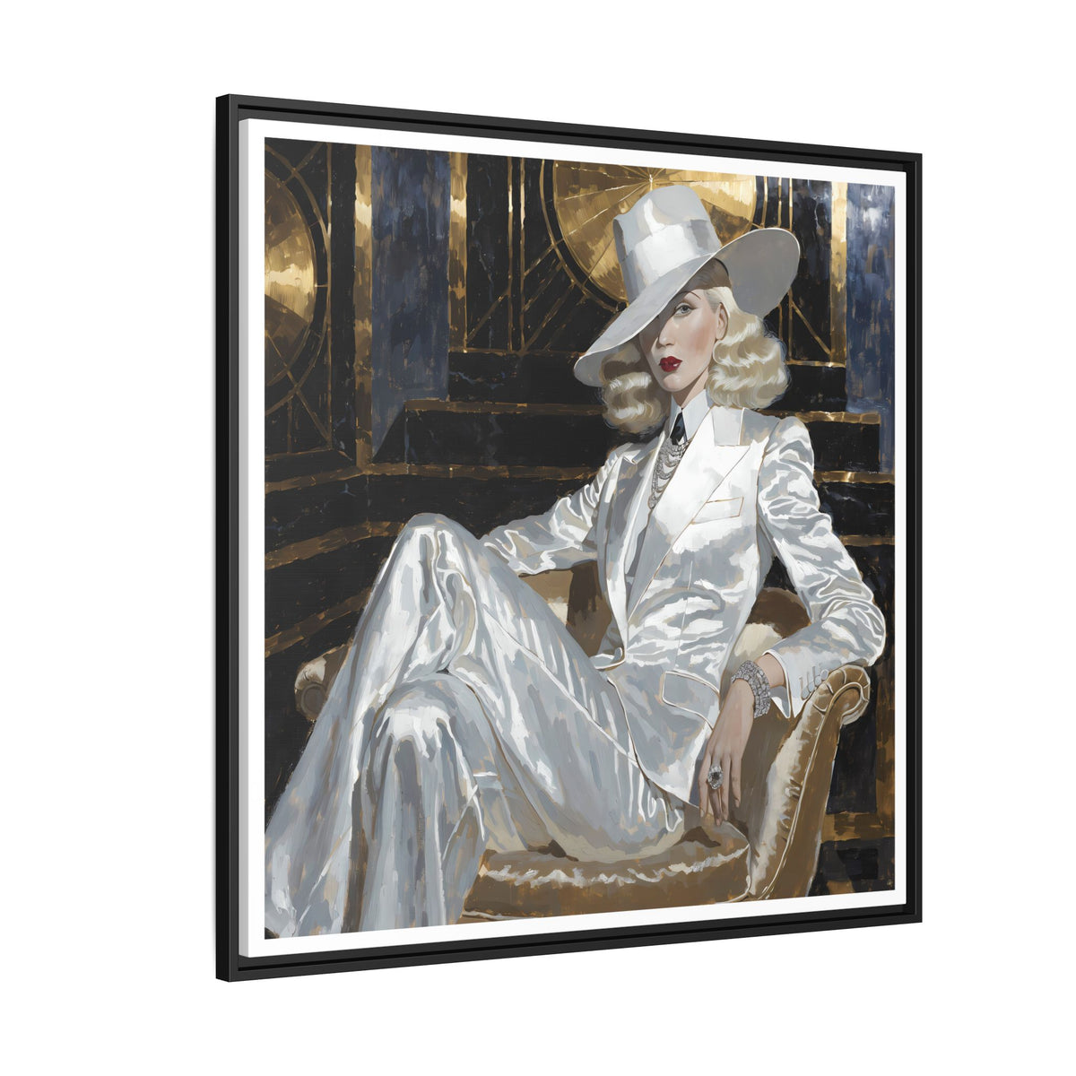 Woman in White Suit Art Print Matte Canvas, Framed | Glamorous Fashion Portrait