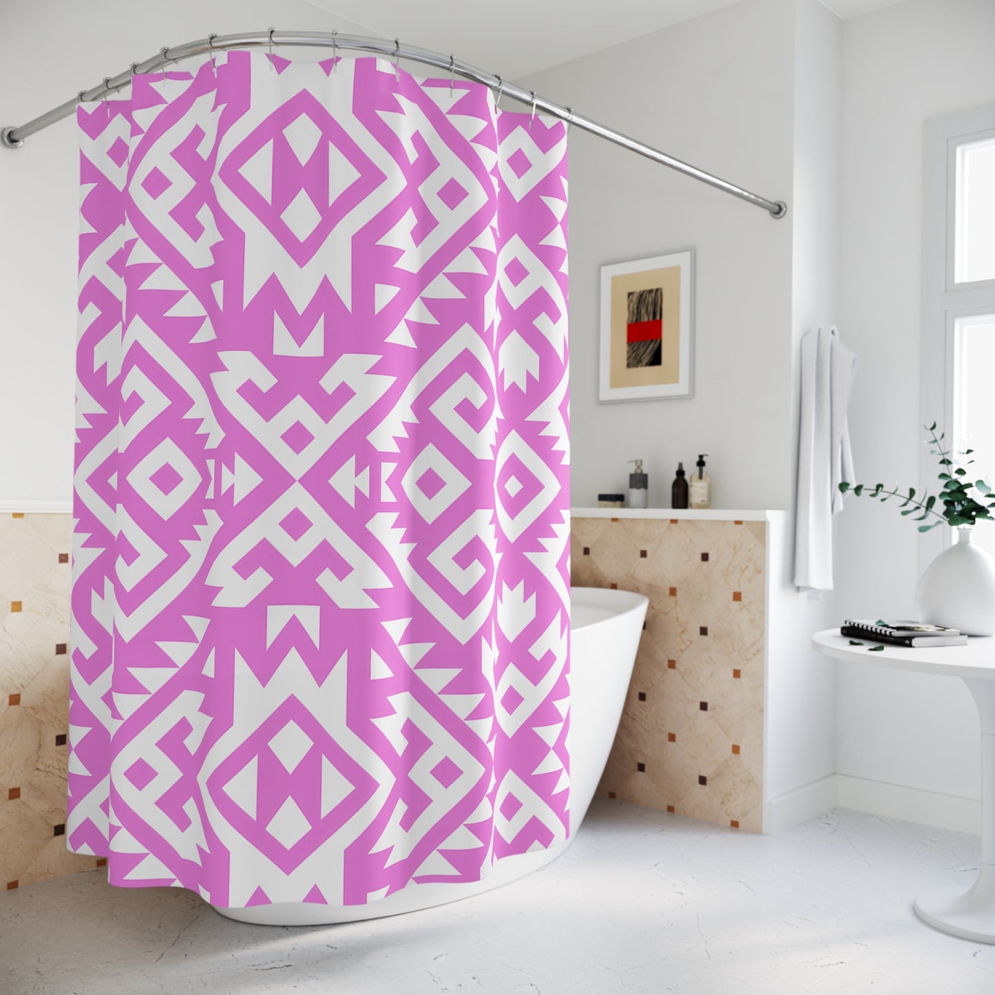 Pink White Aztec Boho Geometric Shower Curtain | Tribal Pattern Bathroom Decor