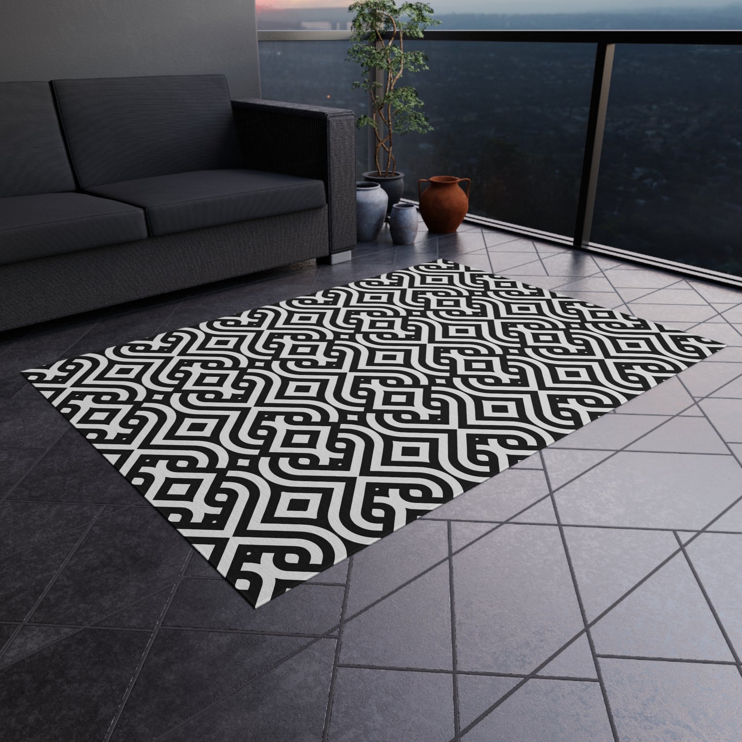Black Geometric Trellis Outdoor/Indoor  Rug | Patio Mat, Modern Moroccan Pattern