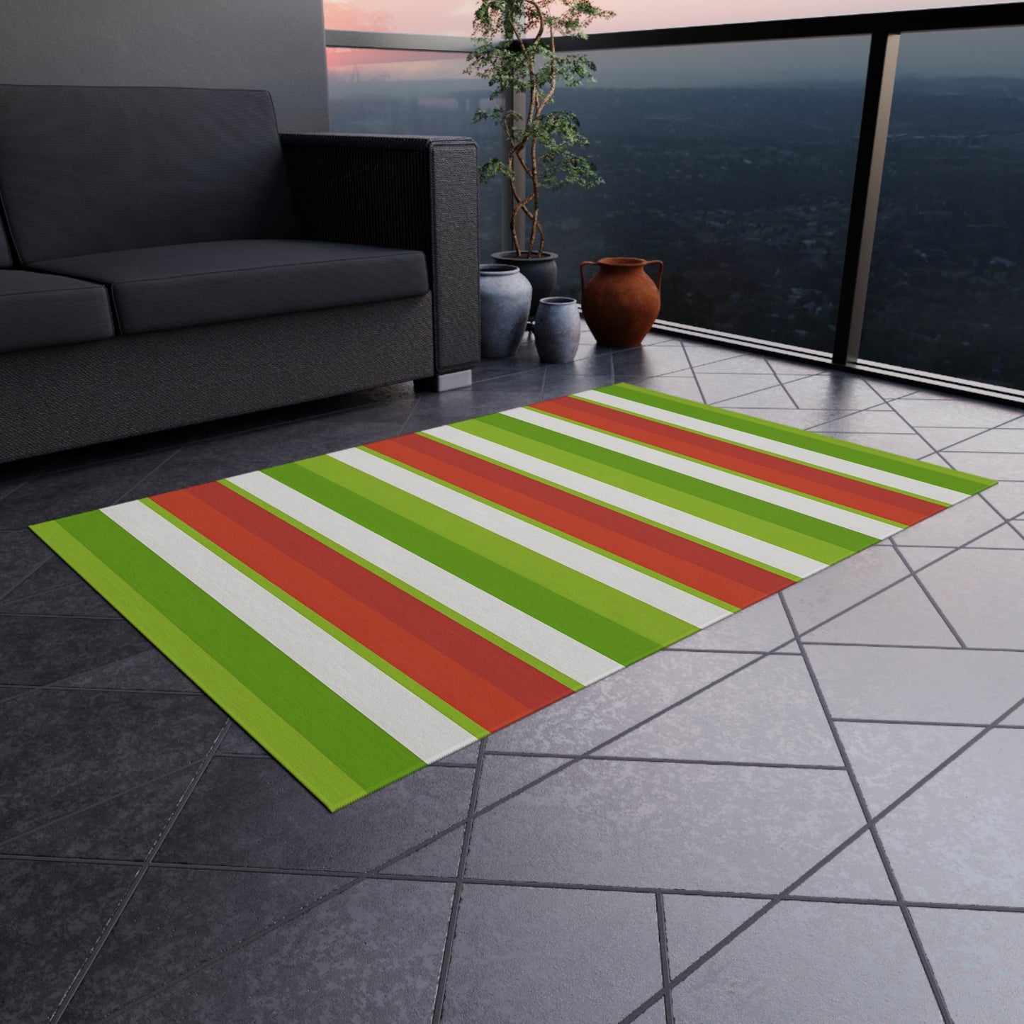 Green Orange Red White Stripe Outdoor/Indoor Rug | Patio Mat, Weatherproof Porch Rug
