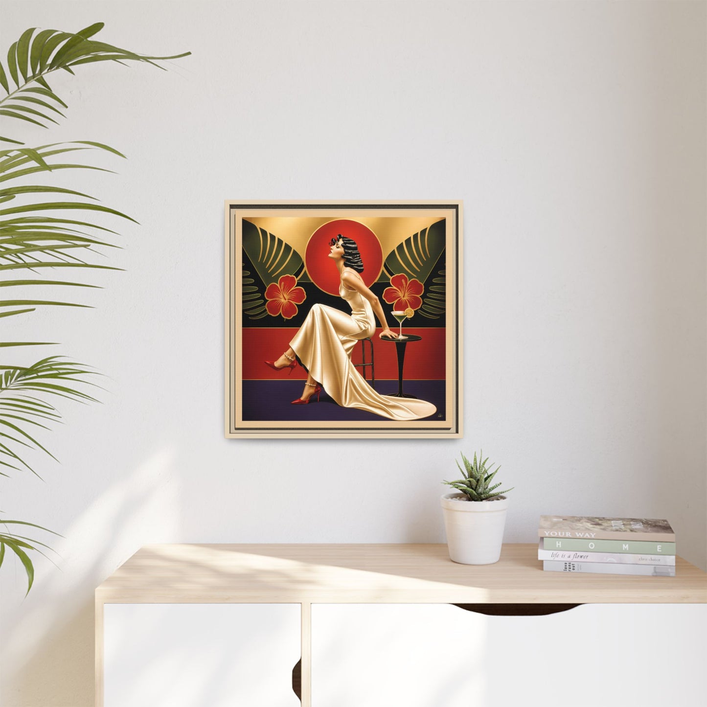 Art Deco Lady Red Green Beige Tropical Canvas Framed Wall Art | Matte Print