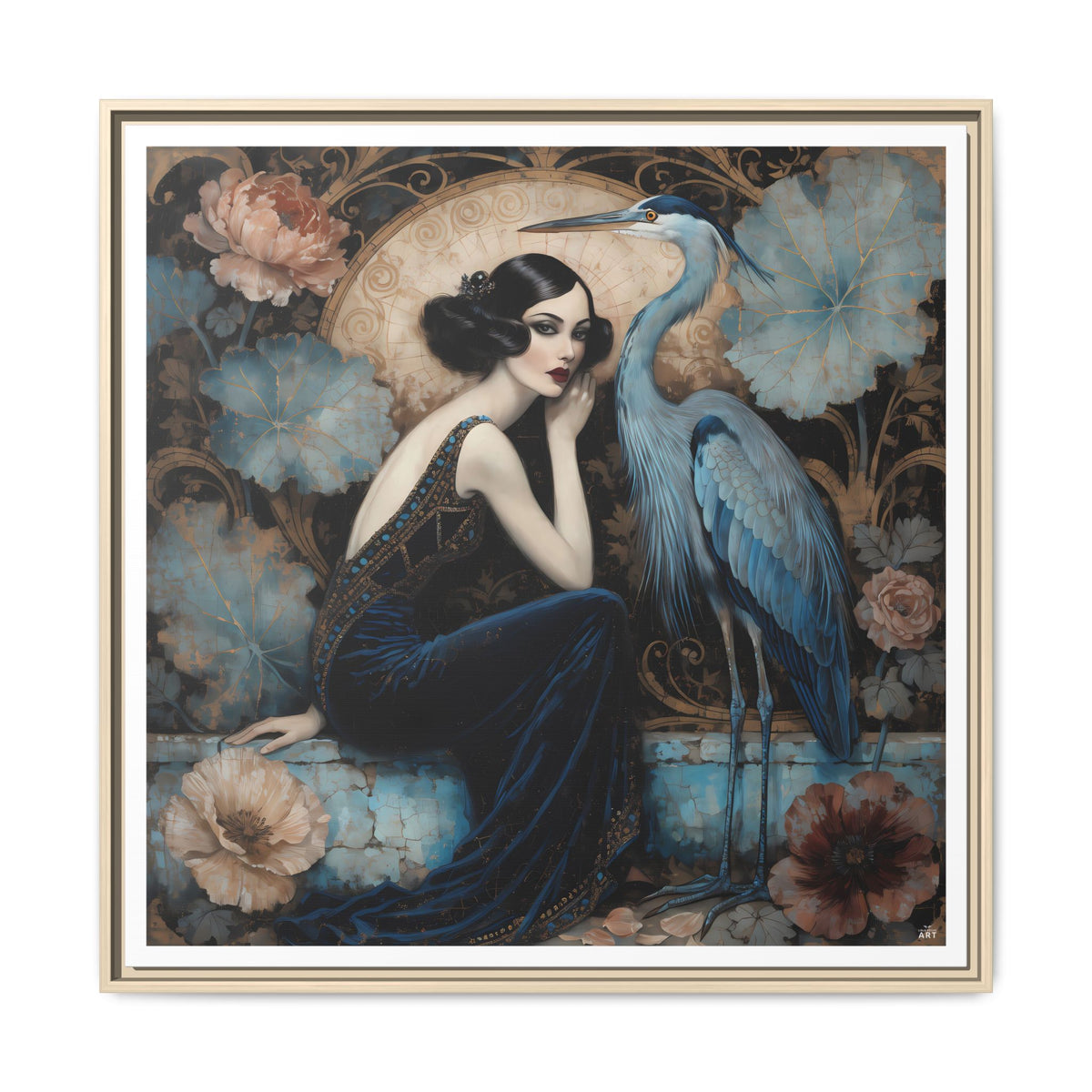 Art Deco Lady with Blue Heron Framed Canvas Wall Art