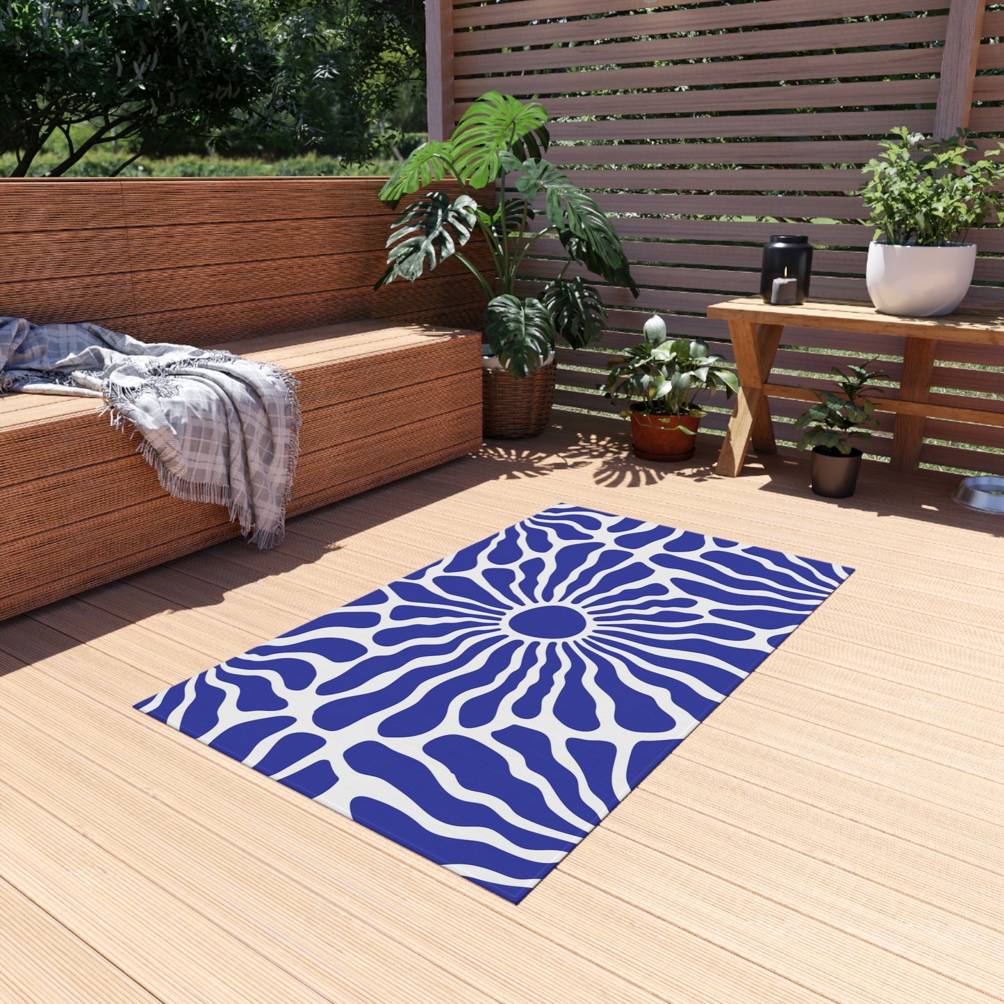 Blue White Radiant Floral Outdoor/Indoor Rug | Patio Mat, Water-Resistant Poolside