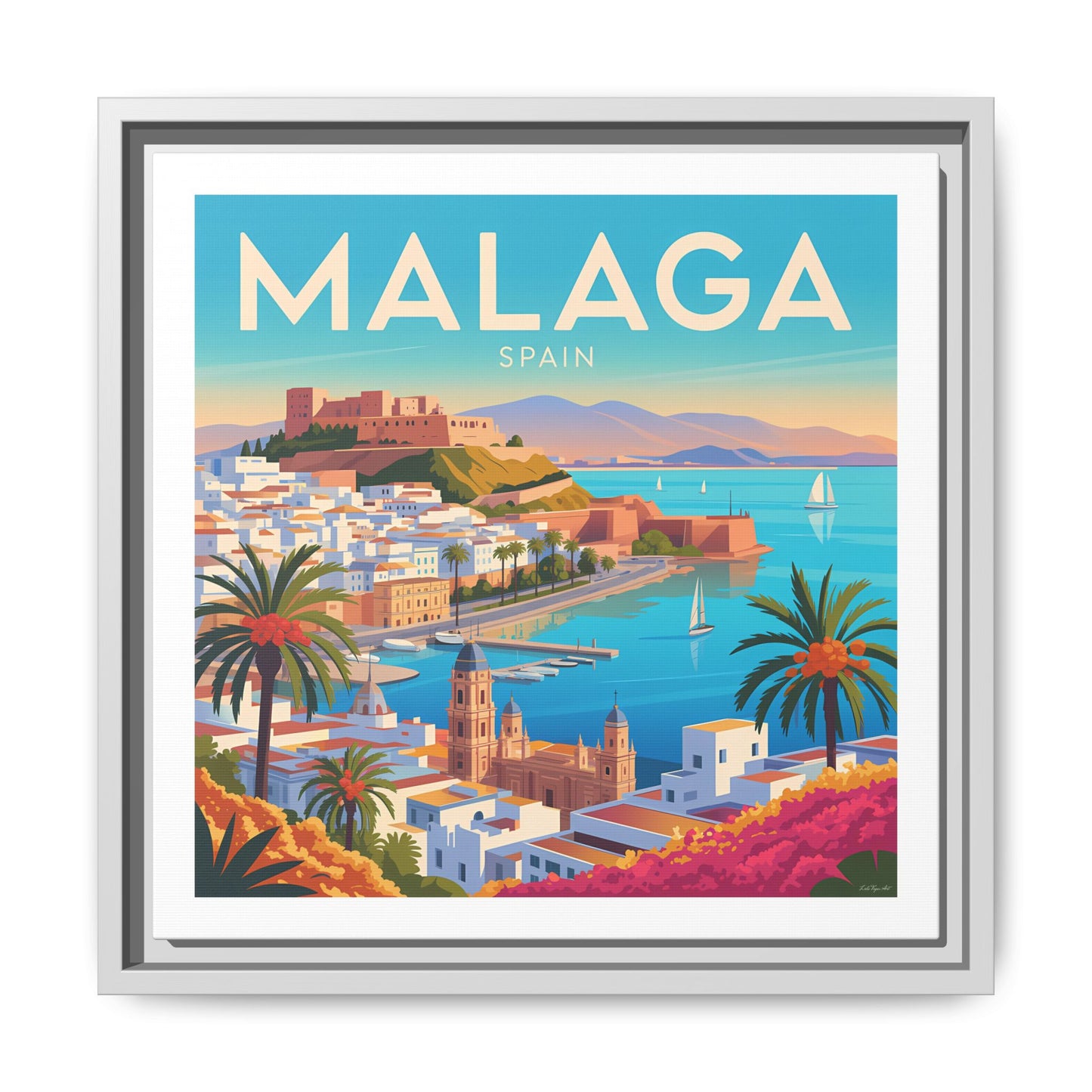 Malaga Spain Coastal  Matte Canvas Framed Wall Art| Vintage Style Travel Art