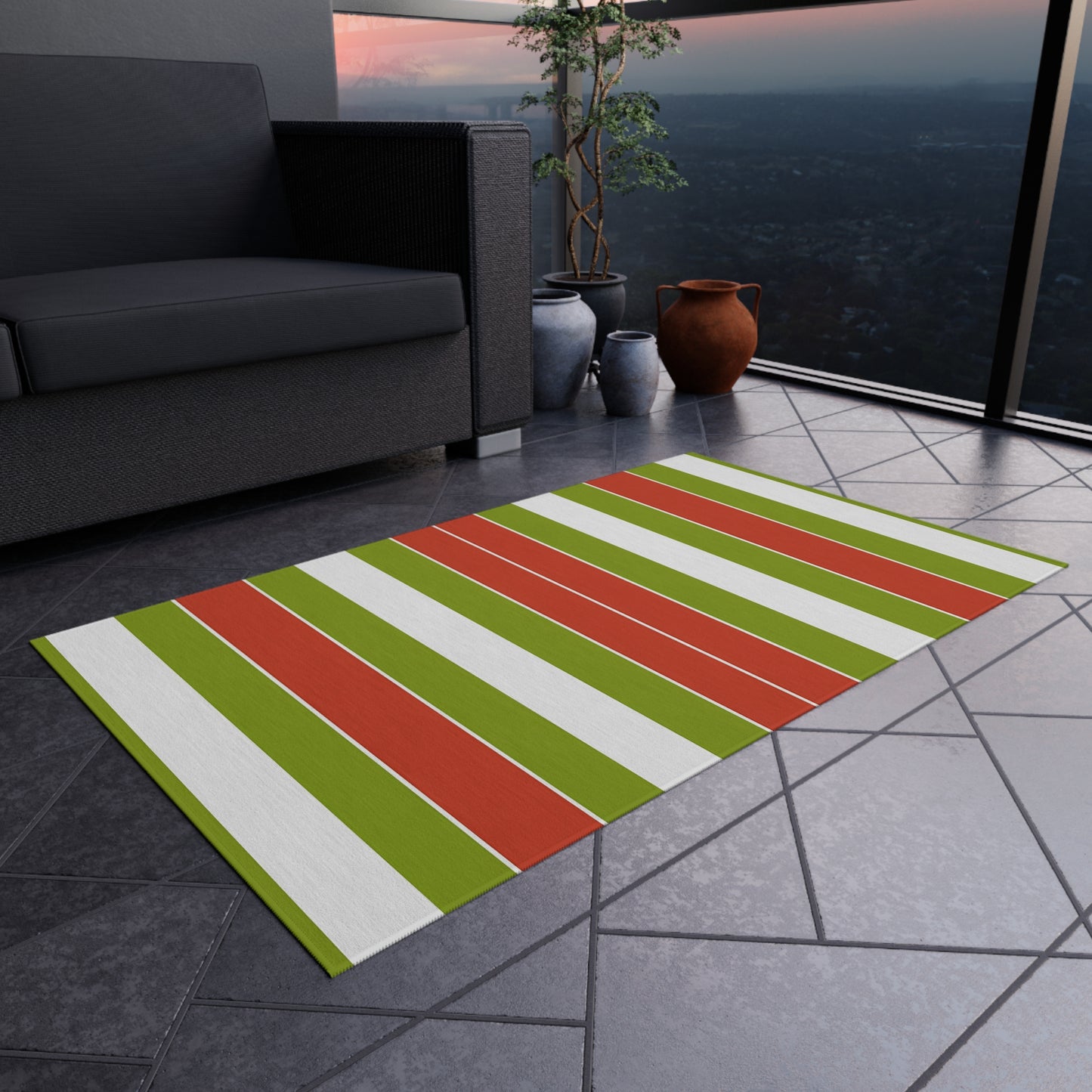 Green Red White Striped Outdoor/Indoor Rug | Patio Door Mat