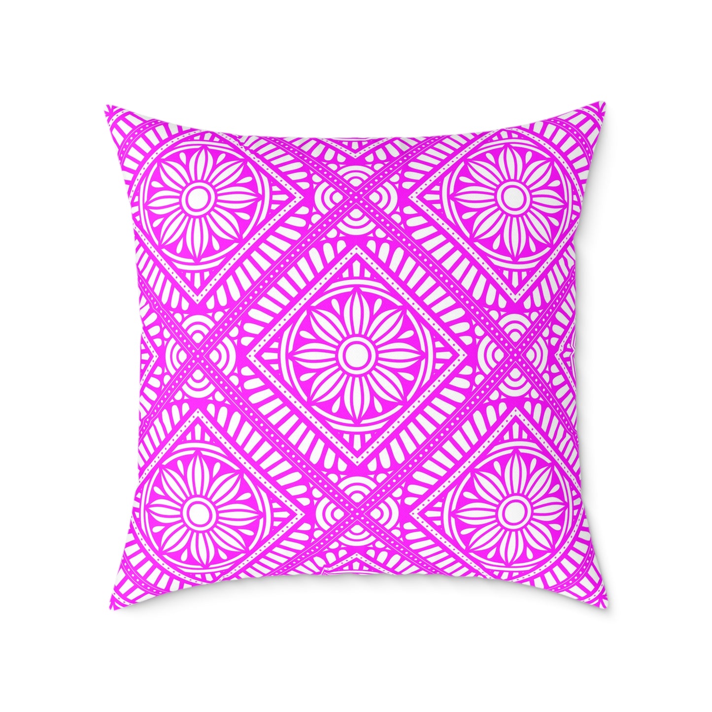 Pink and White Geometric Floral Tile Pillow | Square Poly Canvas Pillow