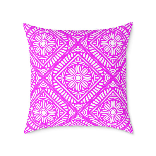 Pink and White Geometric Floral Tile Pillow | Square Poly Canvas Pillow