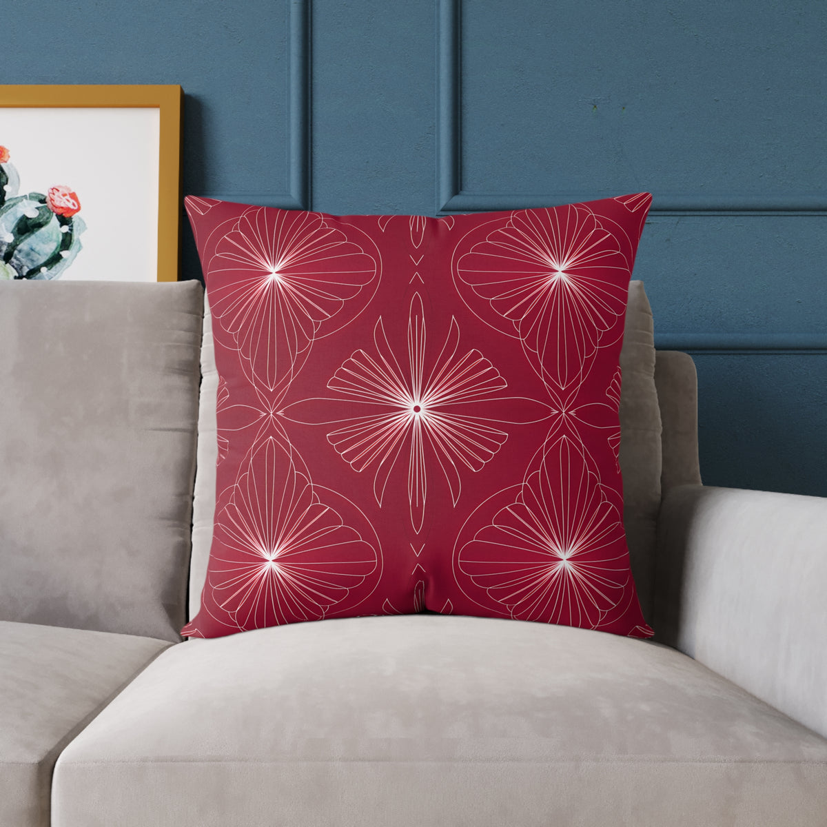 Starburst Floral Pattern Square Pillow | Red Geometric Throw Cushion