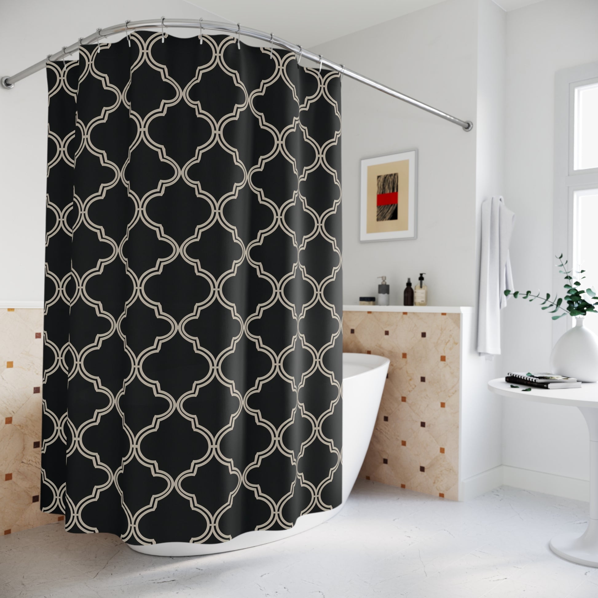 Elegant Geometric Shower Curtain - Luxurious Bathroom Decor, Modern Home Style, Black and Beige Pattern, Apartment Chic, Gift Idea - LOLA VEGAS ART