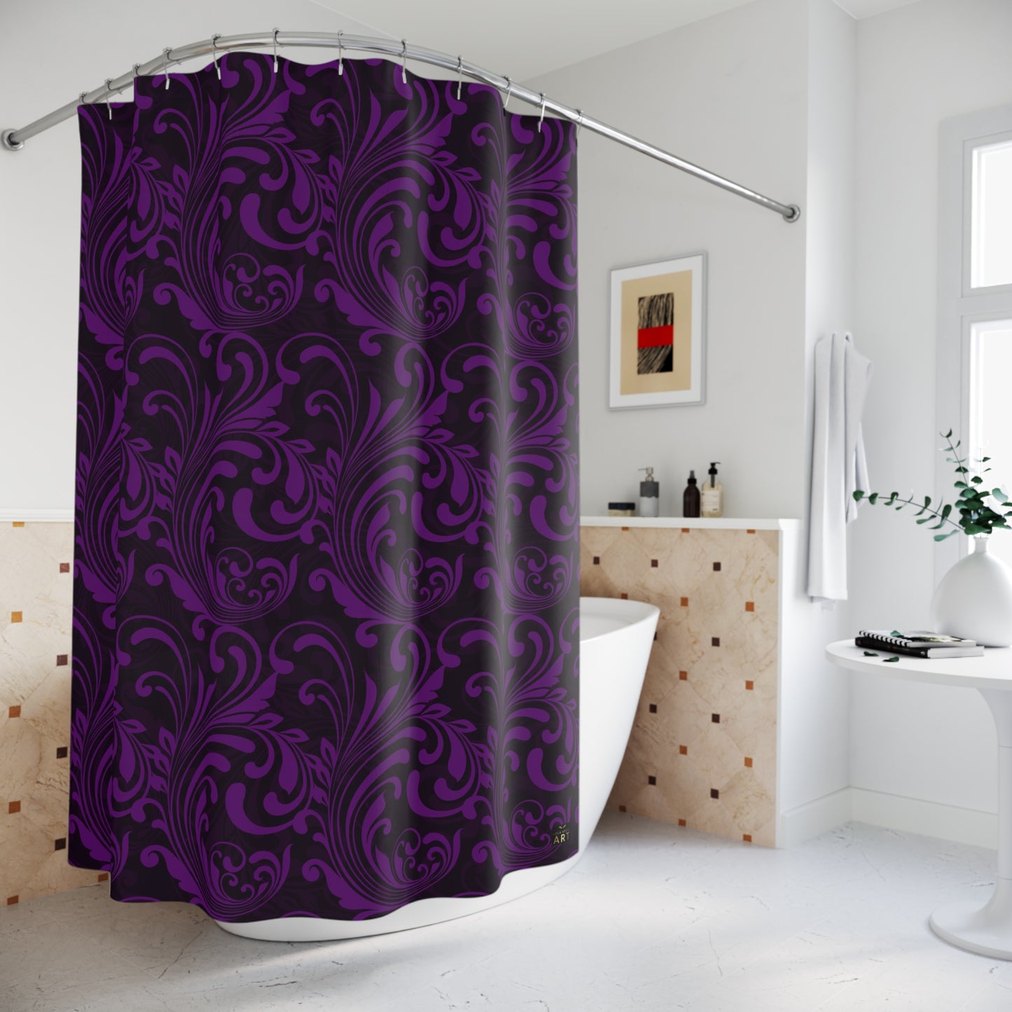 Black and Purple Baroque Pattern Shower Curtain | Elegant, Beautiful Bathroom Decor, Bath Accessory