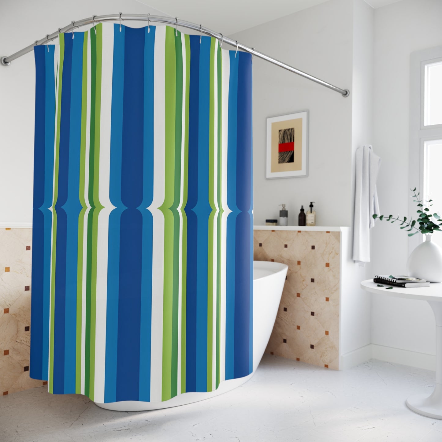 Blue Green Vertical Stripes Shower Curtain | Modern Coastal Bathroom