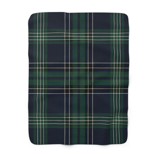 Green Navy Tartan Plaid Blanket | Sherpa Fleece Reversible