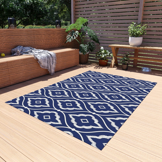 Navy White Ikat Geometric Outdoor/Indoor Rug | Patio Mat