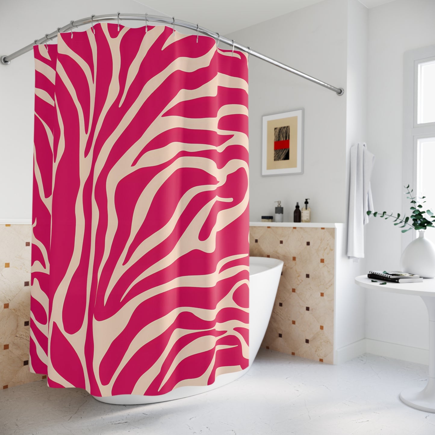 Zebra Stripe Shower Curtains, Red Pink Luxury Bath Decor, Glamorous Bathroom Accessories, Off-White Curtain Set, Designer Home Decoration