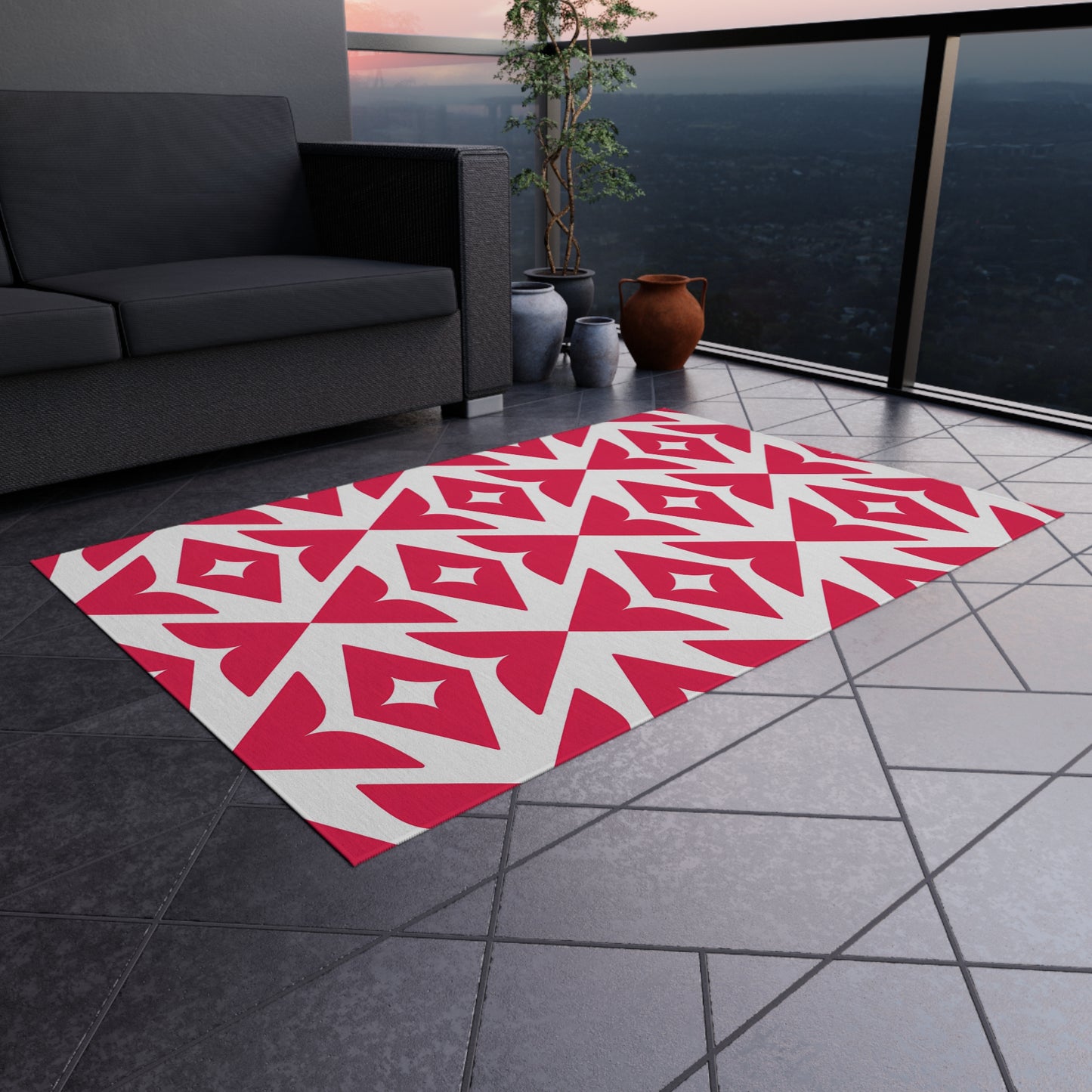 Rosey-Red Geometric Diamond Pattern Outdoor/Indoor Rug | Modern Patio Mat