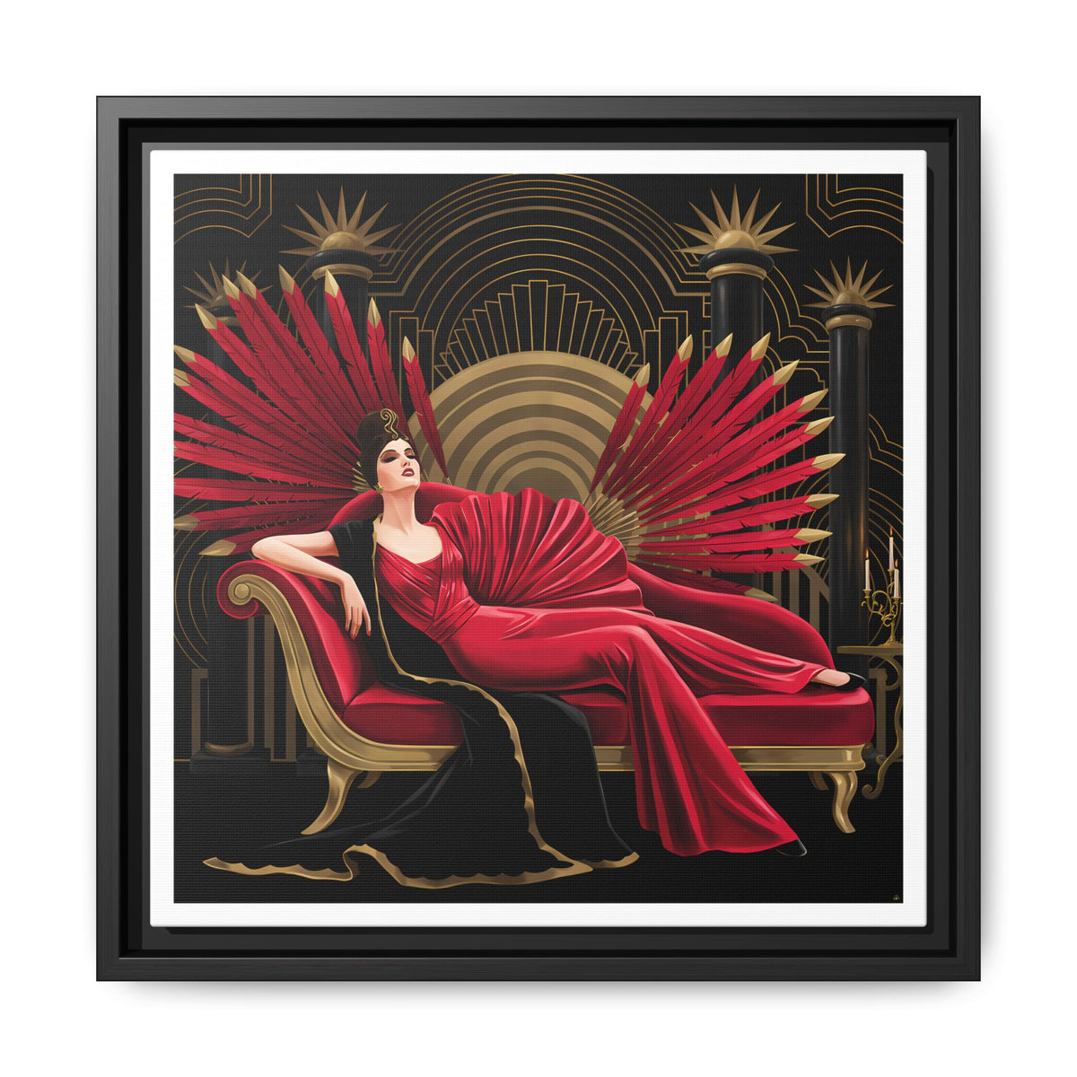 Art Deco Lady with Red Feathers Matte Canvas Framed Wall Art