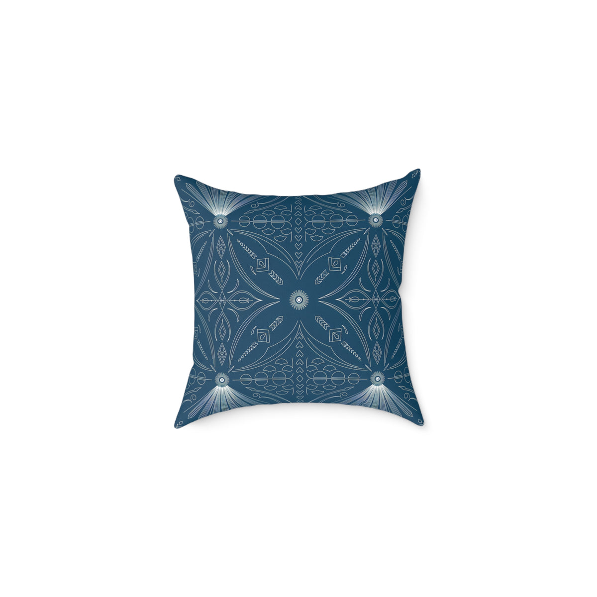 Cerulean White Geometric Mandala Square Poly Canvas Pillow | Boho Tile Pattern