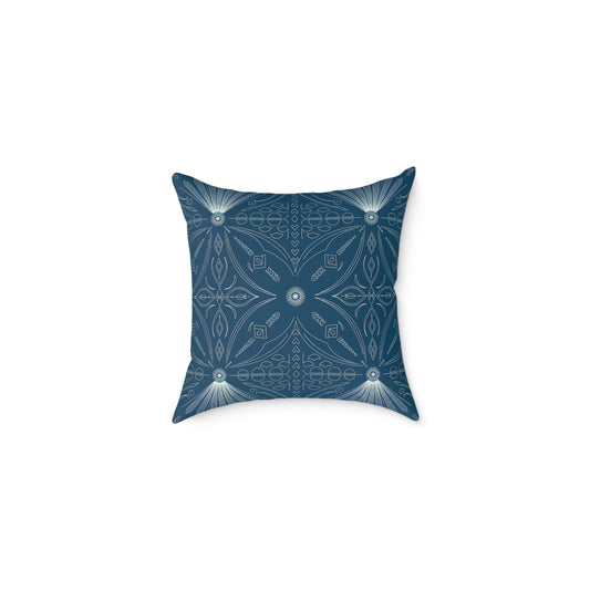 Cerulean White Geometric Mandala Square Poly Canvas Pillow | Boho Tile Pattern