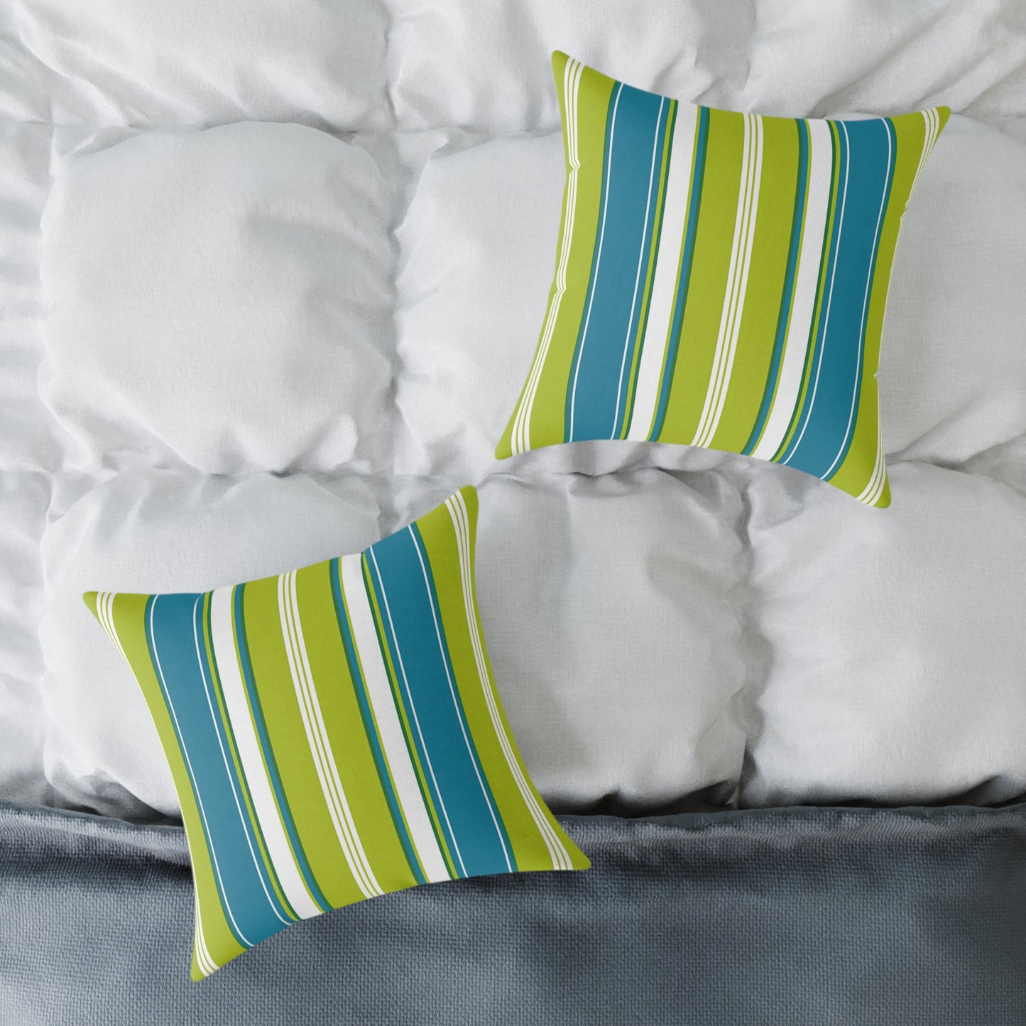 Cerulean Blue Lime Green White Stripe Throw Pillow | Square Poly Canvas Coastal