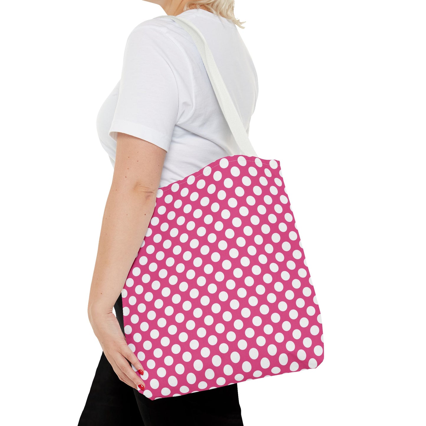 Chic Pink and White Polka Dot Tote Bag, Fun Grocery Bag, Stylish Beach Tote, Trendy Shopping Bag, Cute Gift for Her, Summer Accessories