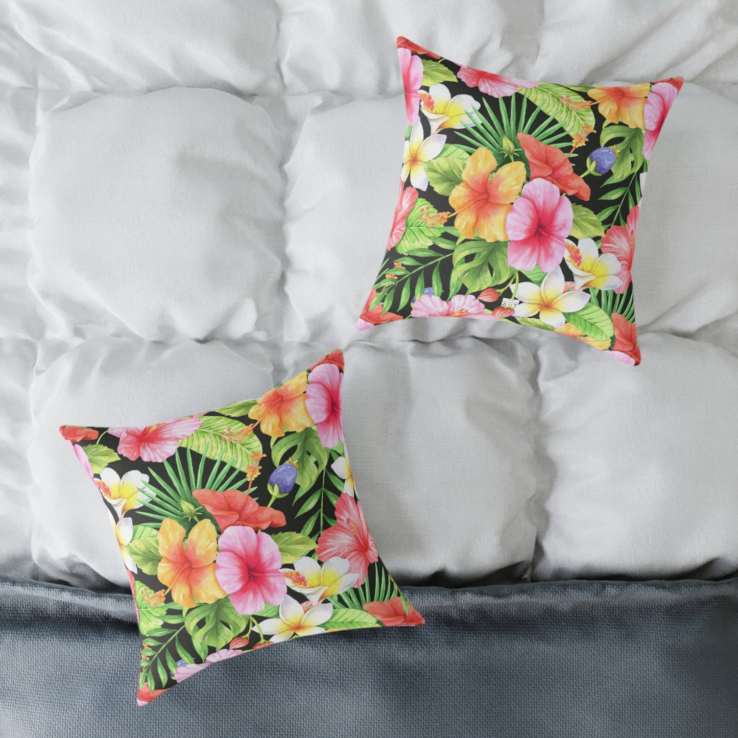 Tropical Pink Yellow Green Hibiscus Floral Square Pillow | Hawaiian Leaves Pattern
