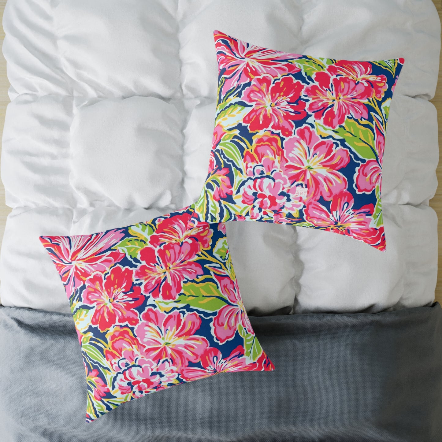 Pink Red Green Blue Tropical Hibiscus Floral Pillow | Square Poly Canvas Pillow