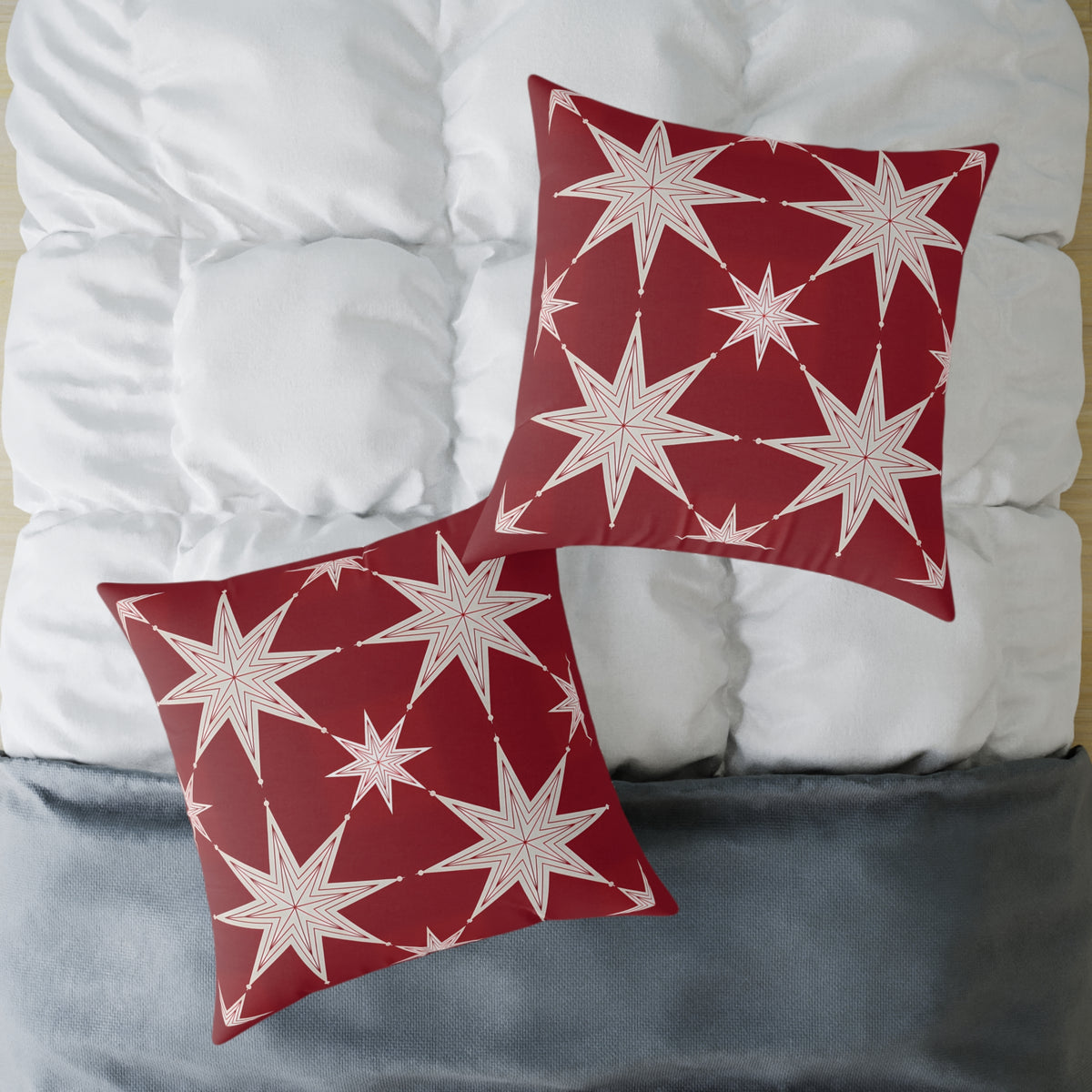 Ivory Starburst Pattern Square Pillow | Red Holiday Throw Cushion
