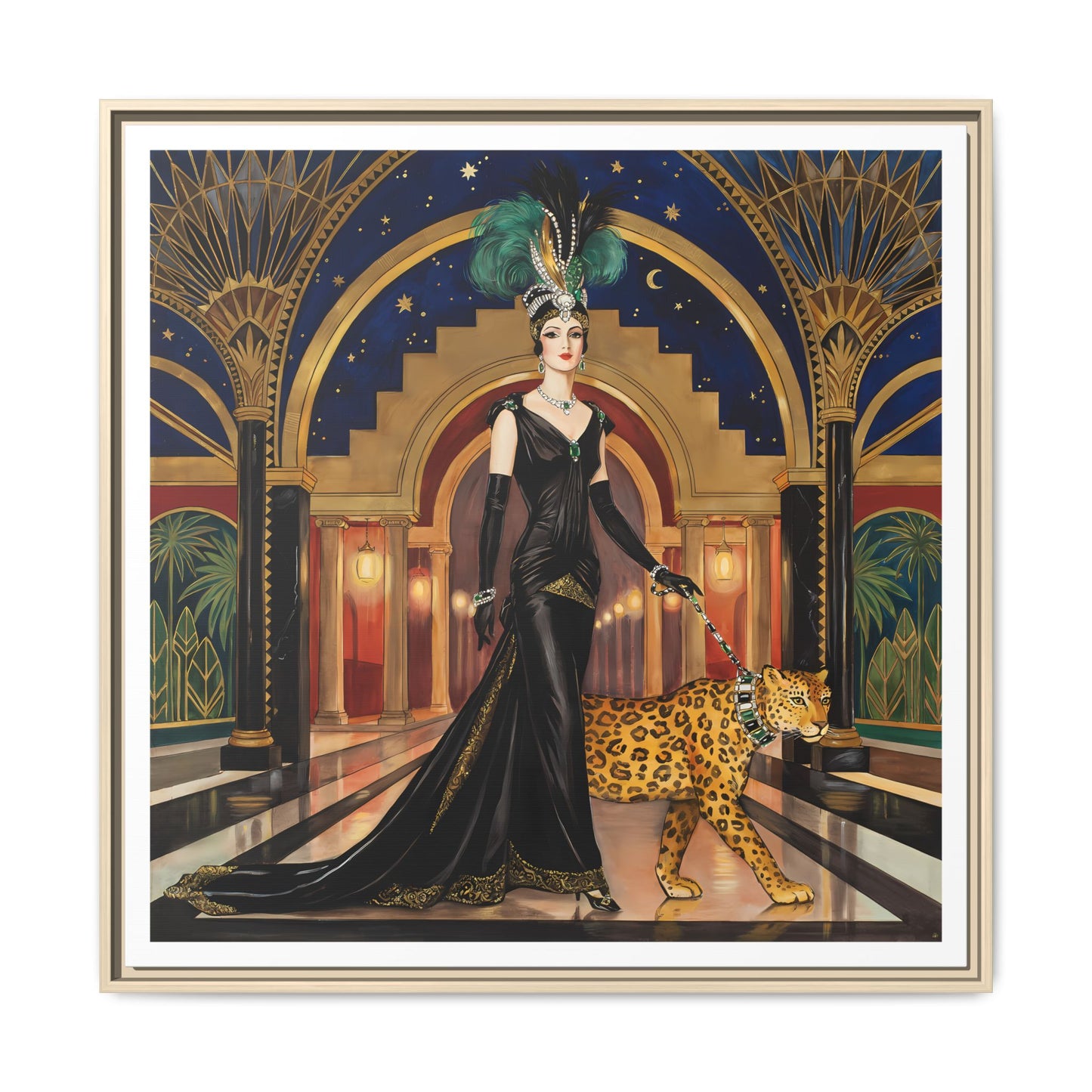 Art Deco Flapper with Leopard Canvas Framed Wall Art | Matte Print