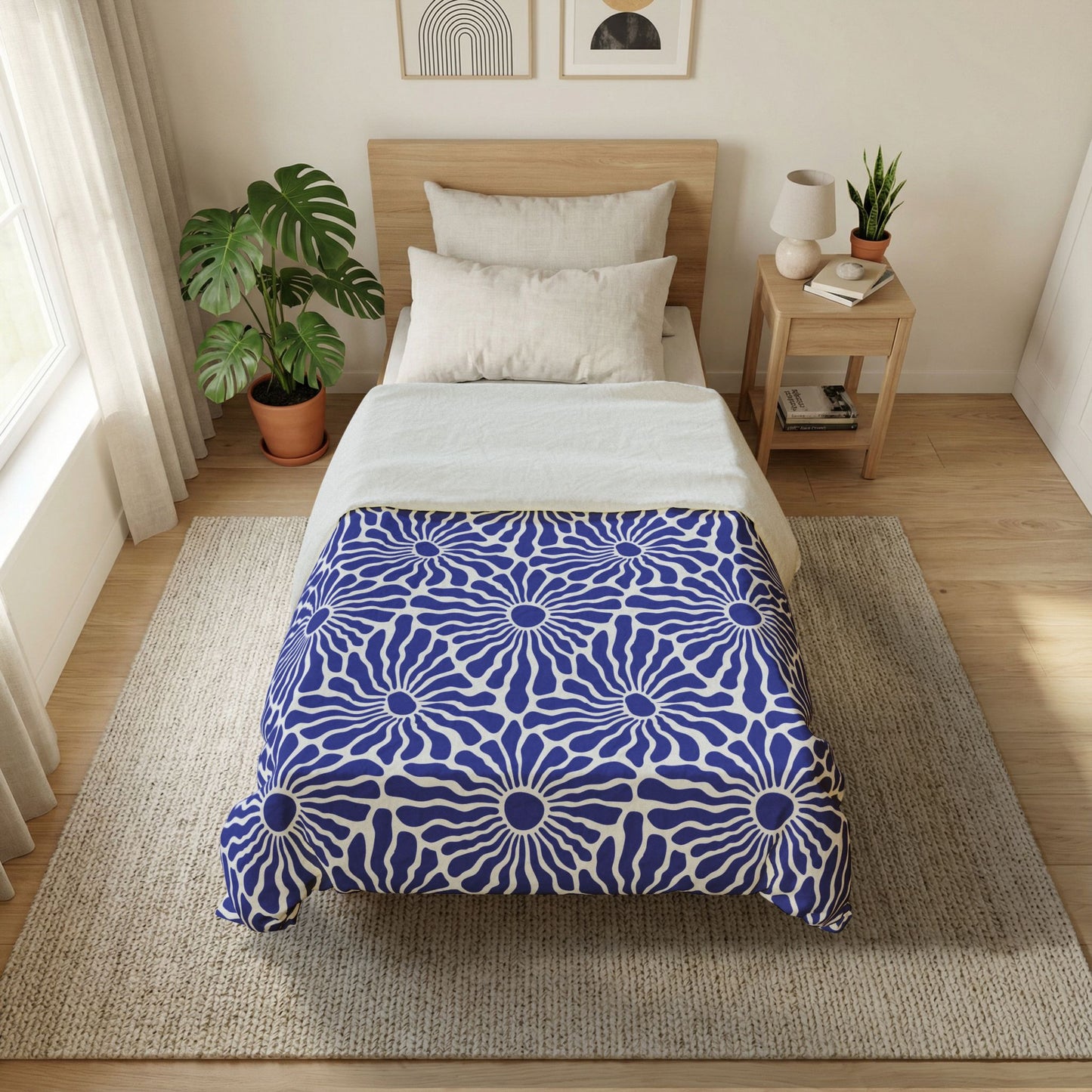 Blue Radiant Floral Cotton Duvet Cover | Geometric Daisy Pattern