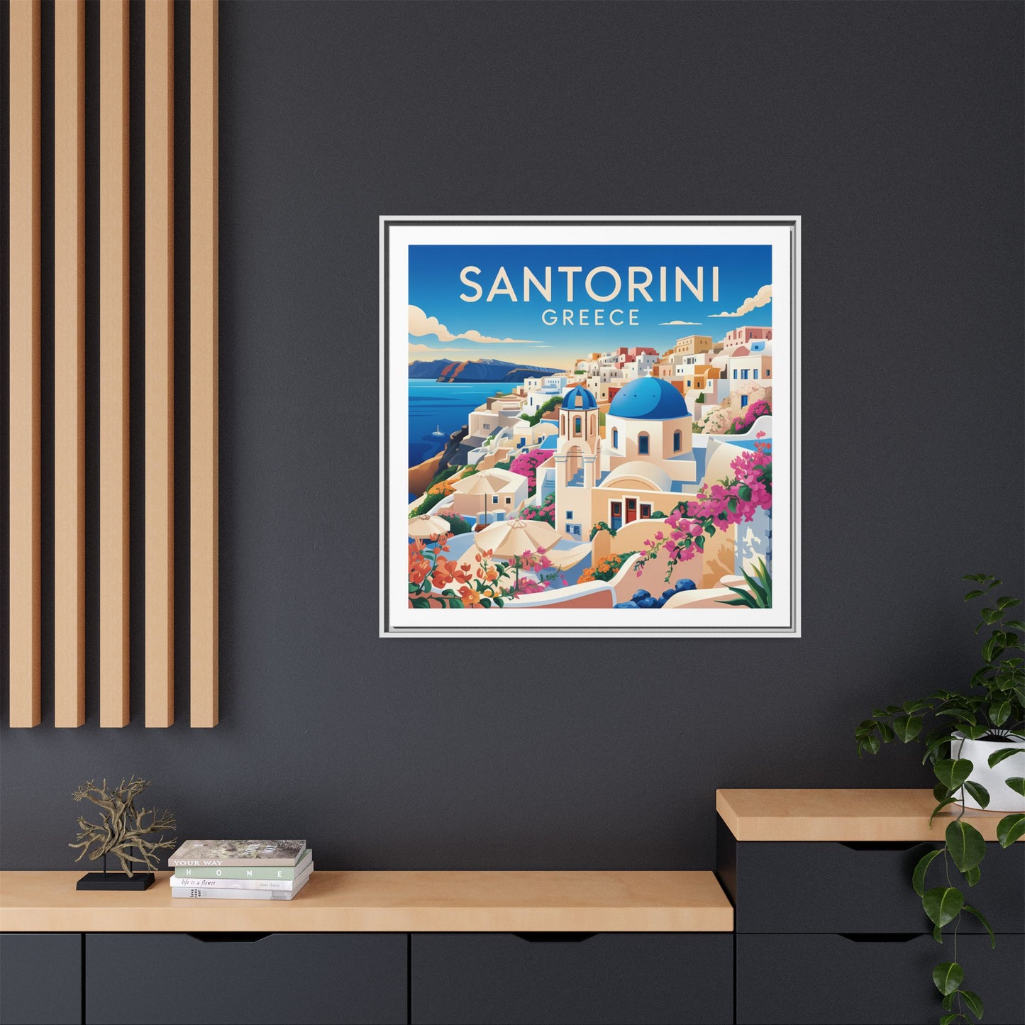 Santorini Greece Travel Art Matte Canvas Framed Wall Art