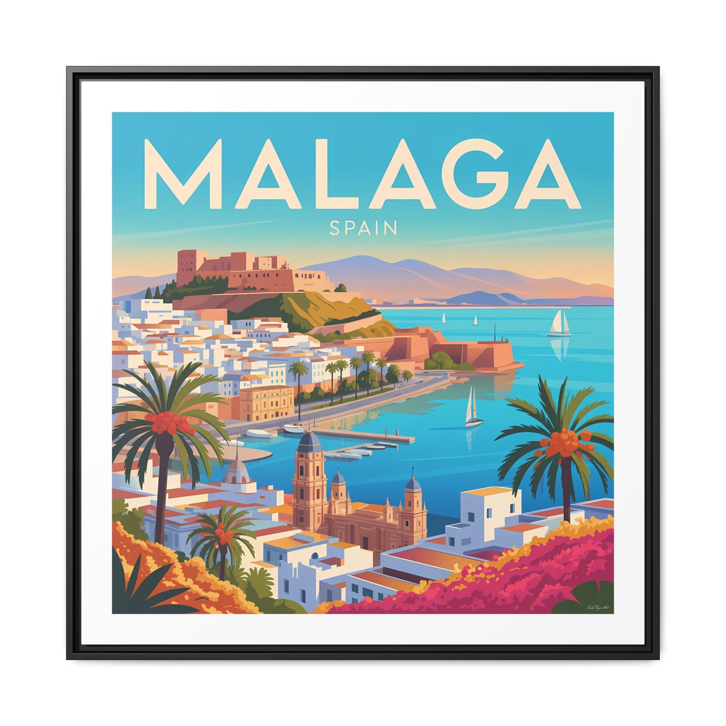Malaga Spain Coastal  Matte Canvas Framed Wall Art| Vintage Style Travel Art