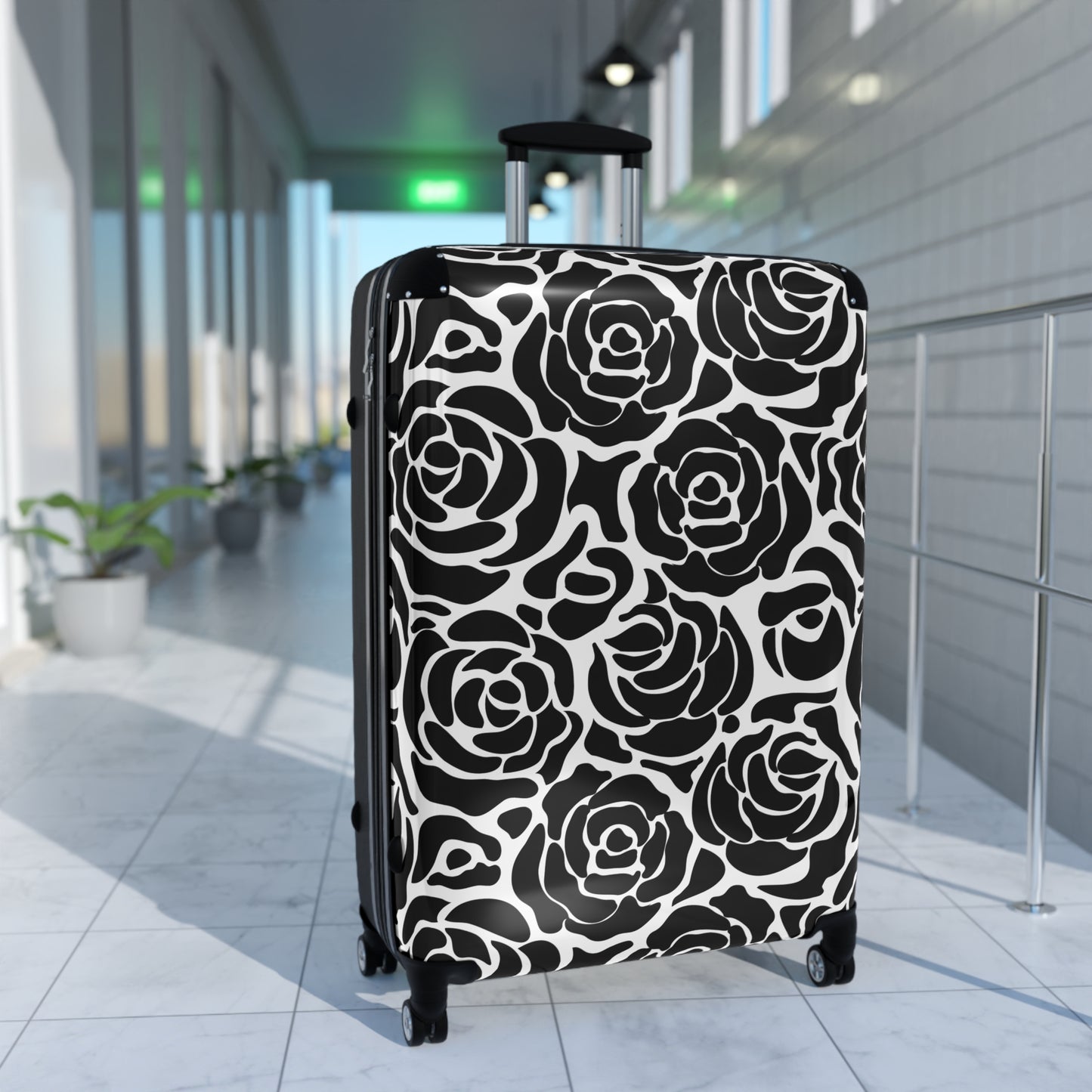 Black White Rose Pattern Suitcase | Floral Luggage