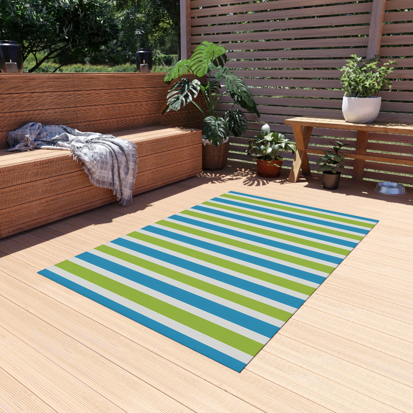 Blue Green Striped Outdoor/Indoor Rug | Patio Mat, Porch Deck Floor Covering