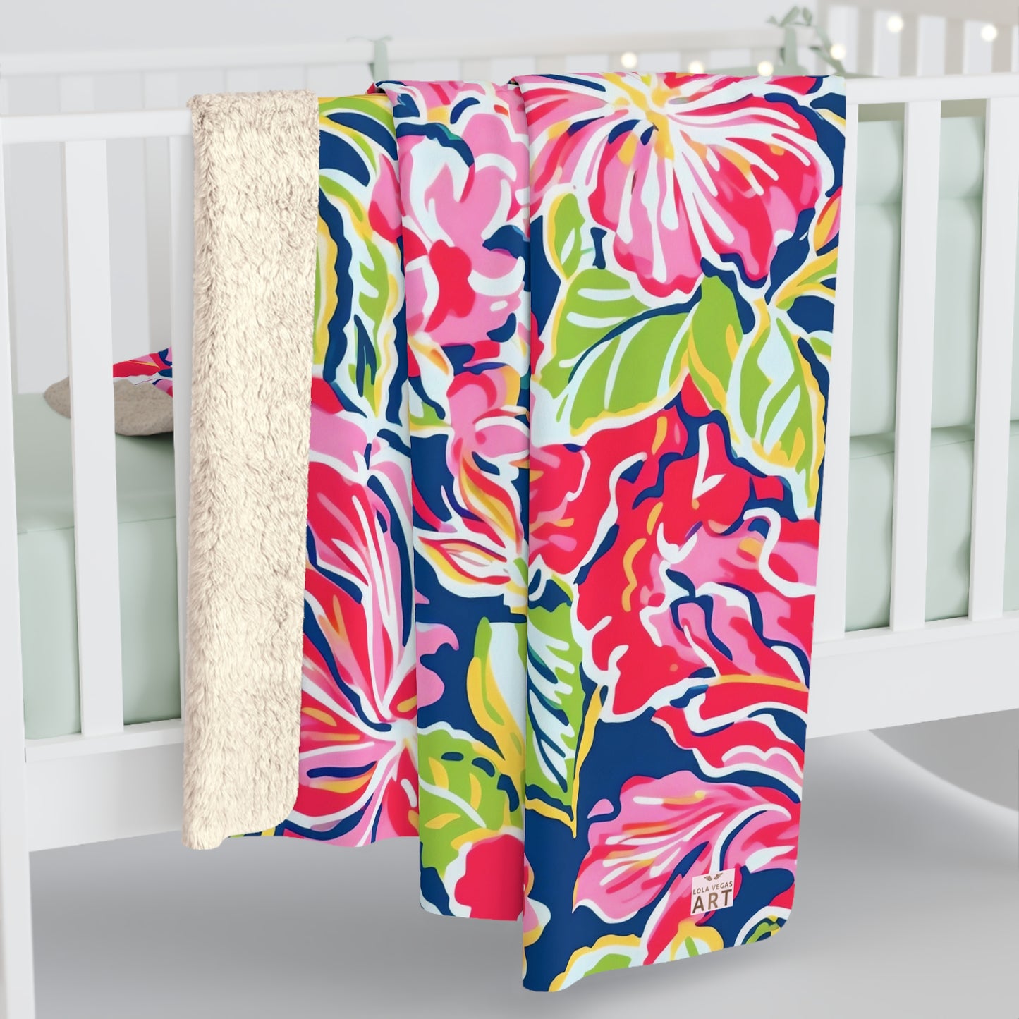 Tropical Floral Pattern Sherpa Fleece Blanket | Red Pink Green Hibiscus Print
